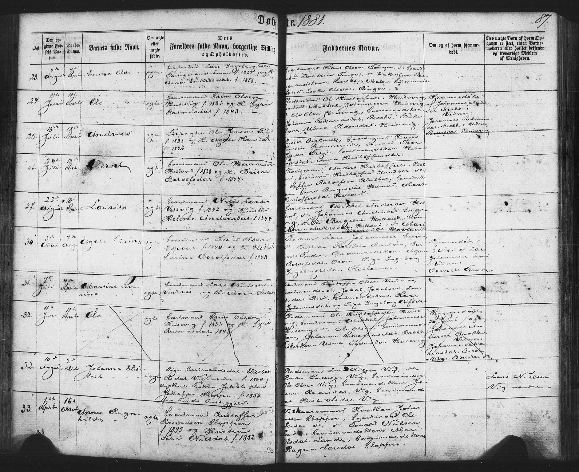 Fitjar sokneprestembete, AV/SAB-A-99926: Parish register (official) no. A 1, 1862-1881, p. 87