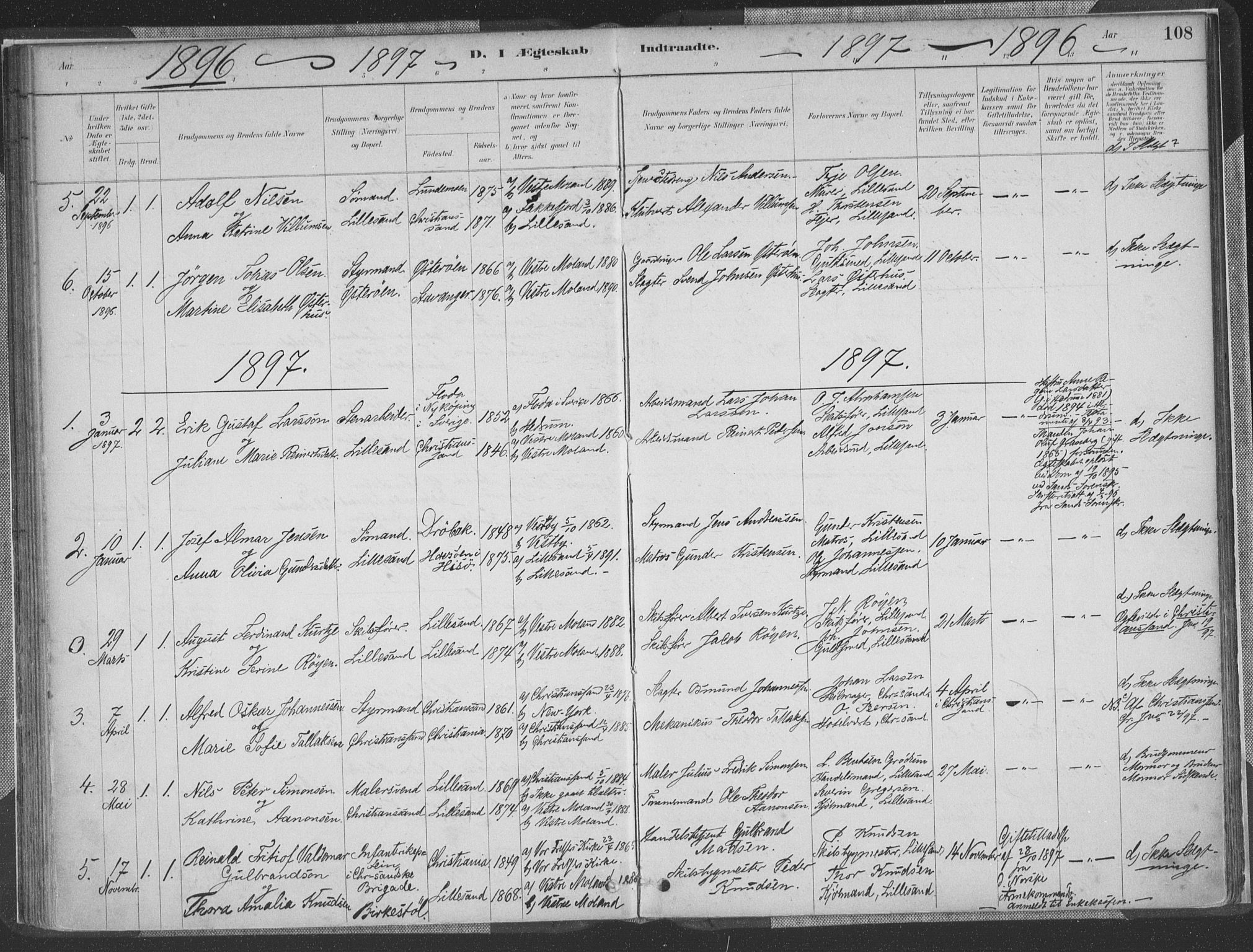 Vestre Moland sokneprestkontor, AV/SAK-1111-0046/F/Fa/Faa/L0001: Parish register (official) no. A 1, 1884-1899, p. 108