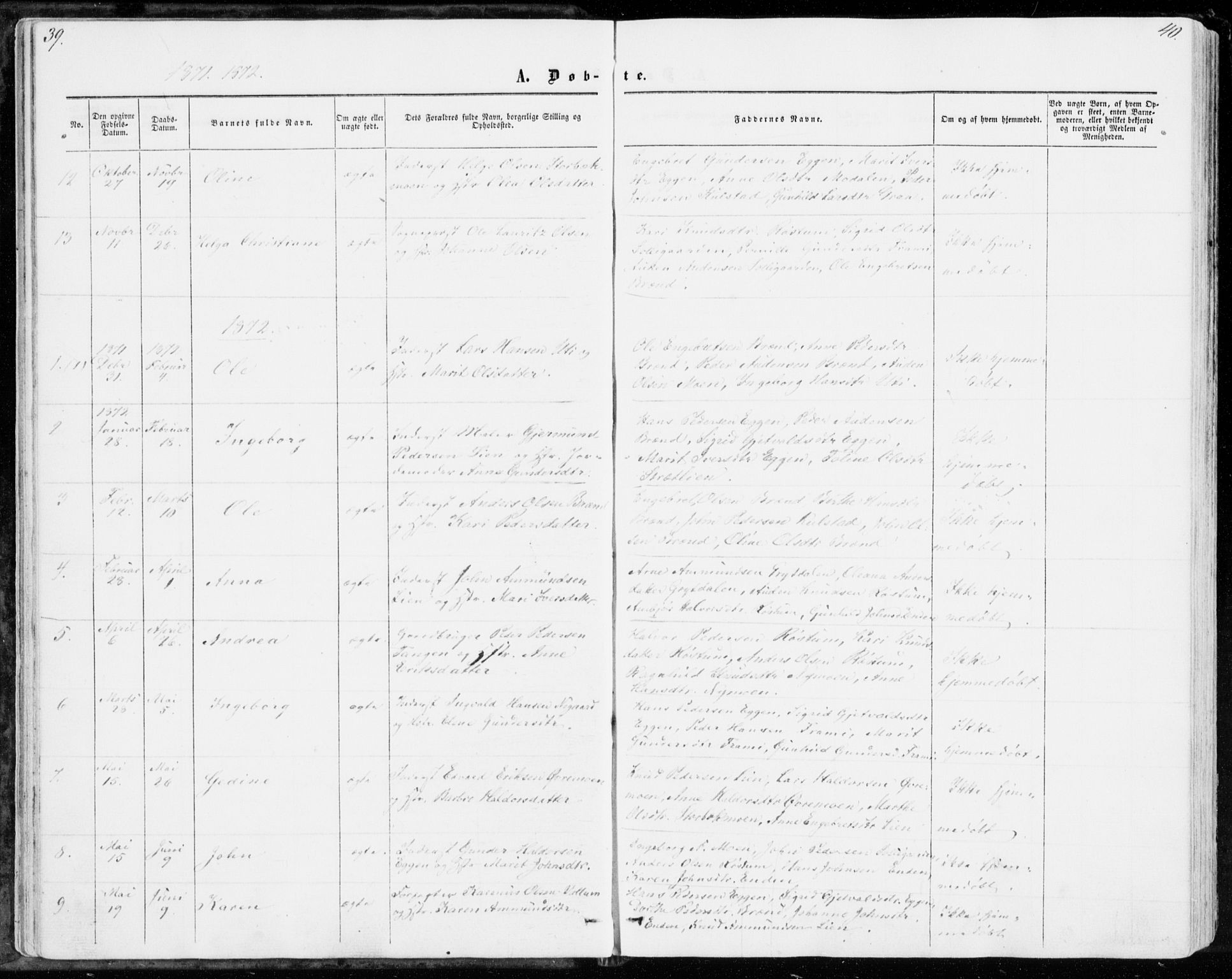 Sollia prestekontor, SAH/PREST-050/H/Ha/Haa/L0001: Parish register (official) no. 1, 1856-1885, p. 39-40