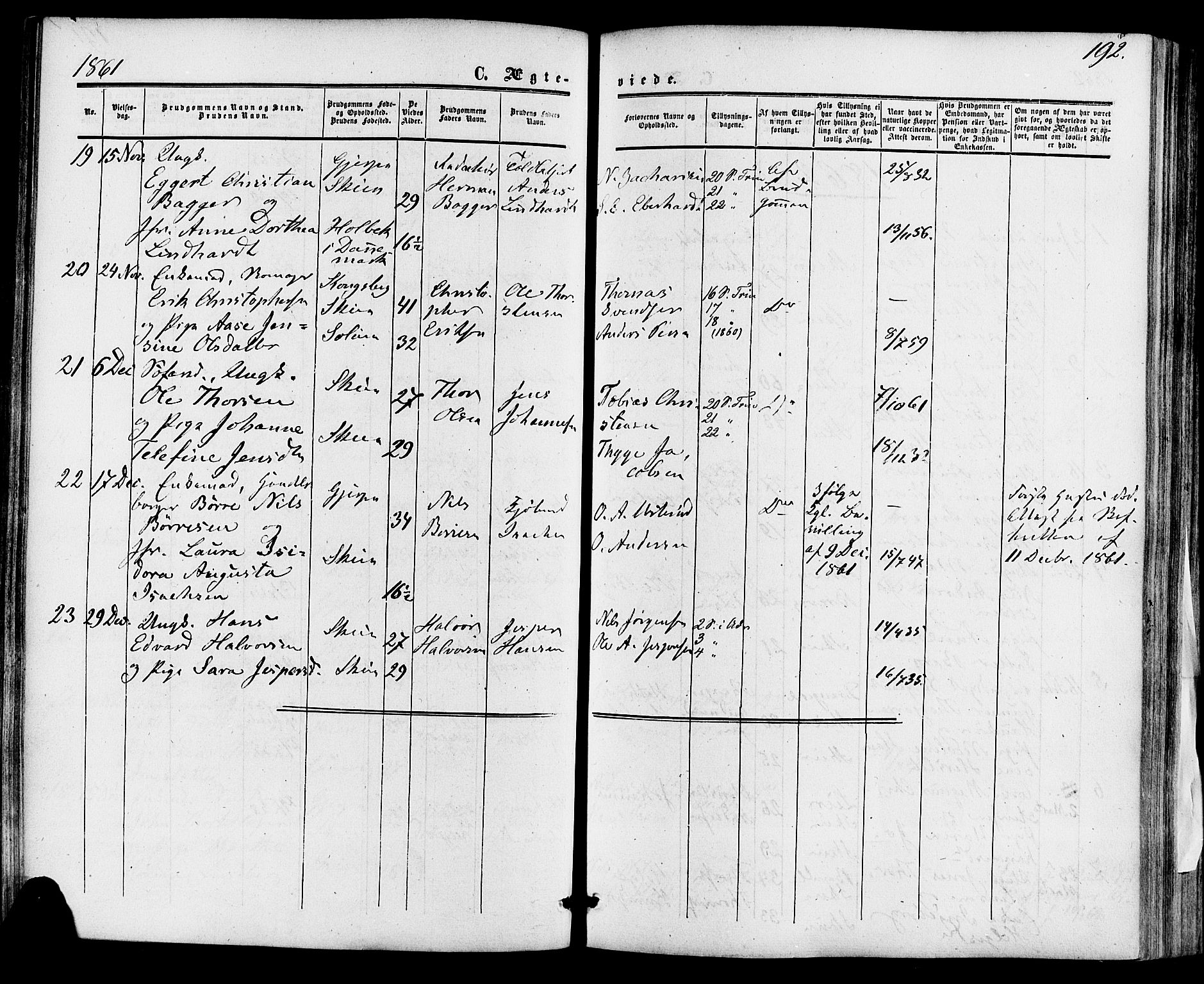 Skien kirkebøker, SAKO/A-302/F/Fa/L0007: Parish register (official) no. 7, 1856-1865, p. 192