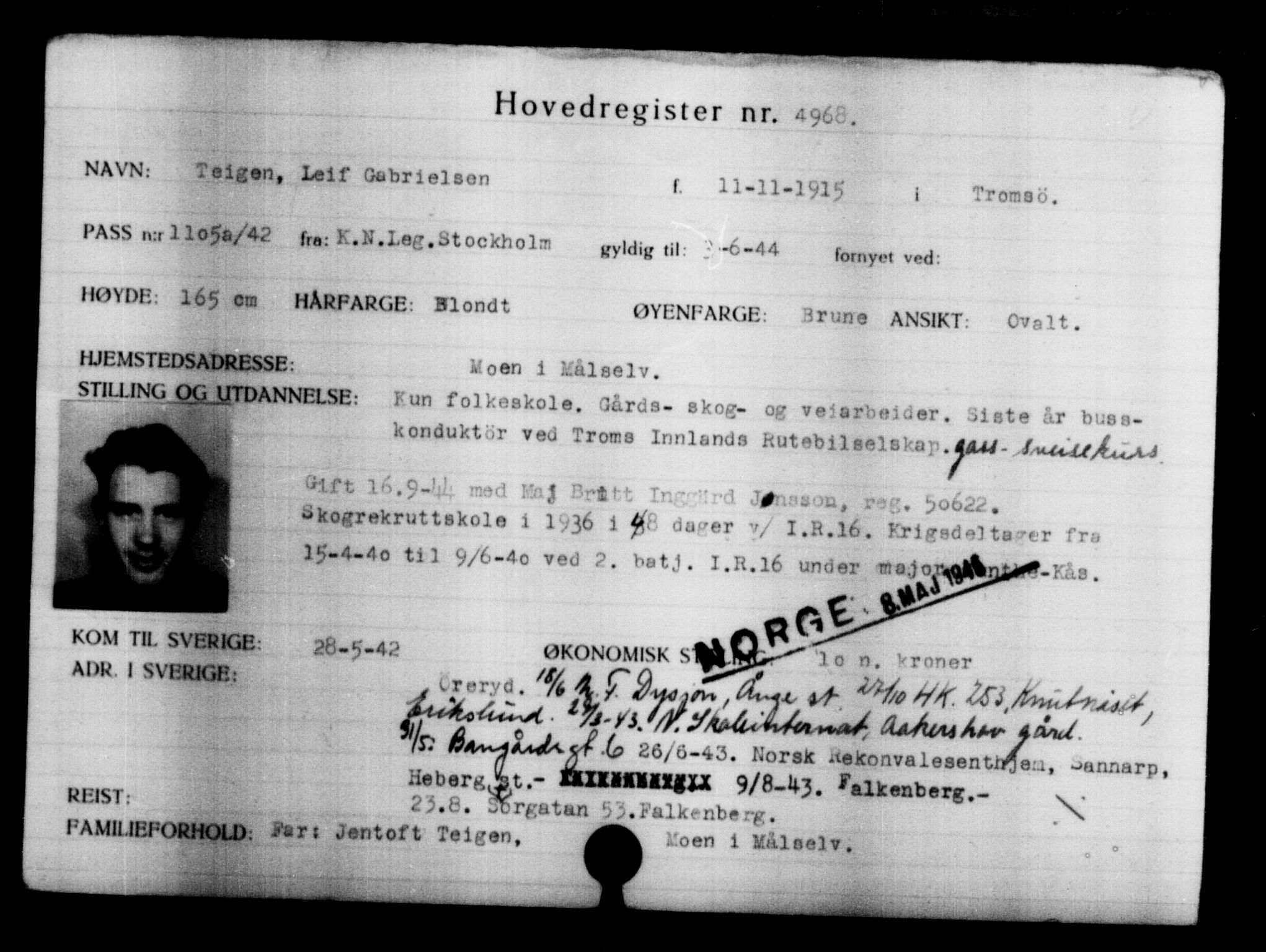 Utenriksstasjonene, Legasjonen i Stockholm, Flyktningkontoret, AV/RA-S-6753/V/Va/L0004: Kjesäterkartoteket, flyktninger med registreringsnr. 3496-6610, 1940-1945, p. 1749