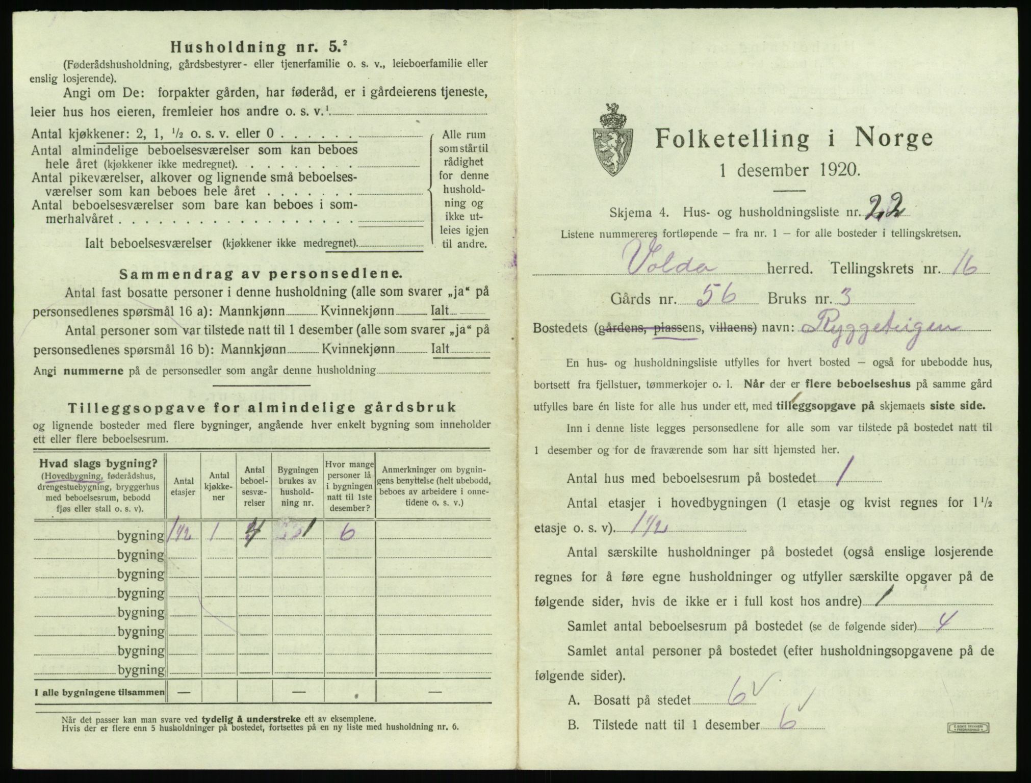 SAT, 1920 census for Volda, 1920, p. 1230