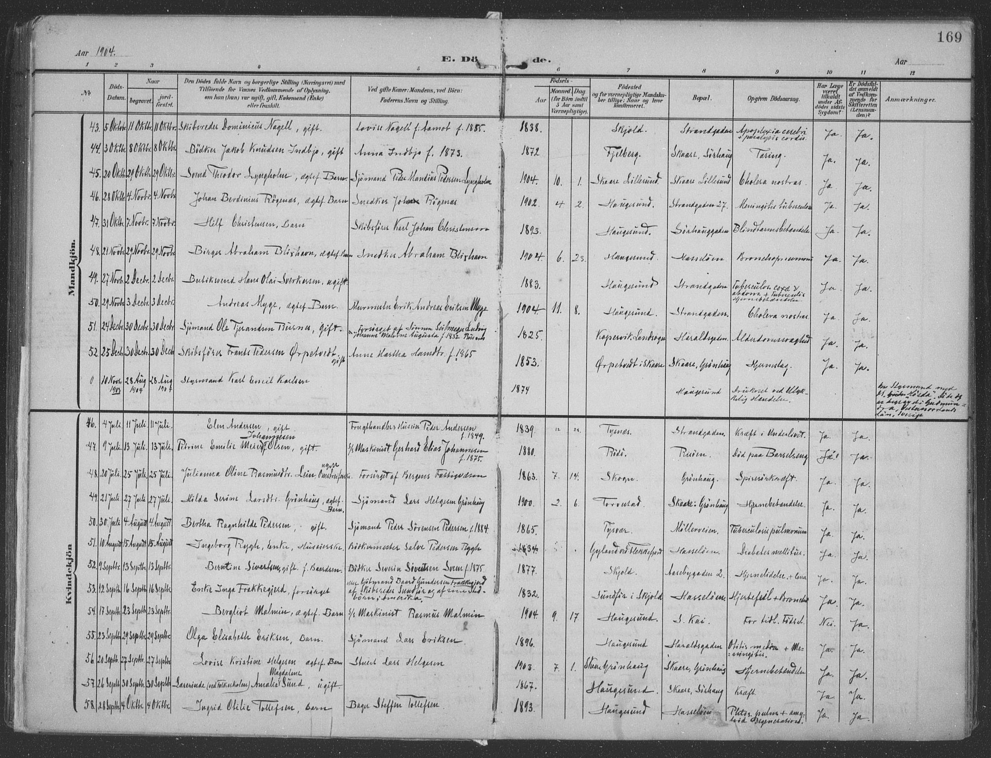 Haugesund sokneprestkontor, AV/SAST-A -101863/H/Ha/Haa/L0007: Parish register (official) no. A 7, 1904-1916, p. 169