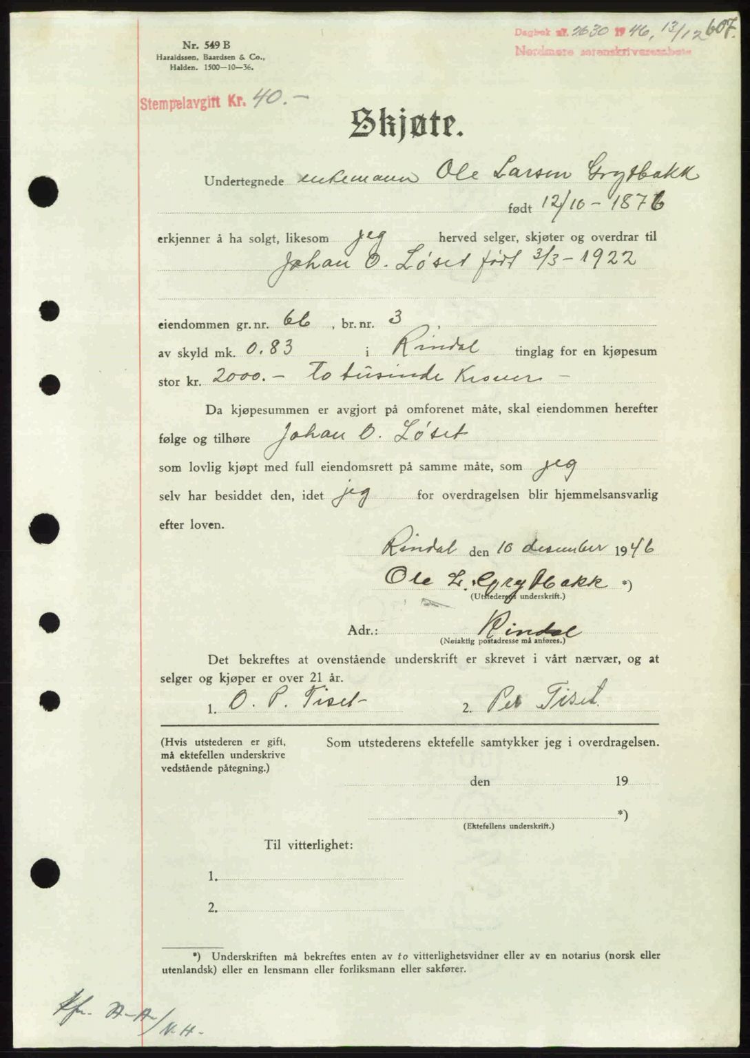 Nordmøre sorenskriveri, AV/SAT-A-4132/1/2/2Ca: Mortgage book no. A103, 1946-1947, Diary no: : 2630/1946