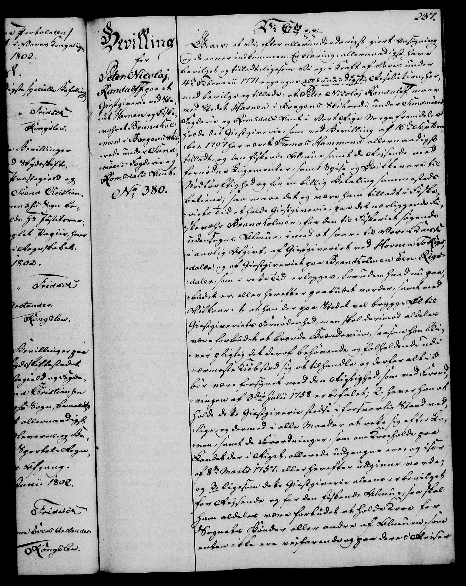 Rentekammeret, Kammerkanselliet, RA/EA-3111/G/Gg/Gga/L0017: Norsk ekspedisjonsprotokoll med register (merket RK 53.17), 1801-1803, p. 237