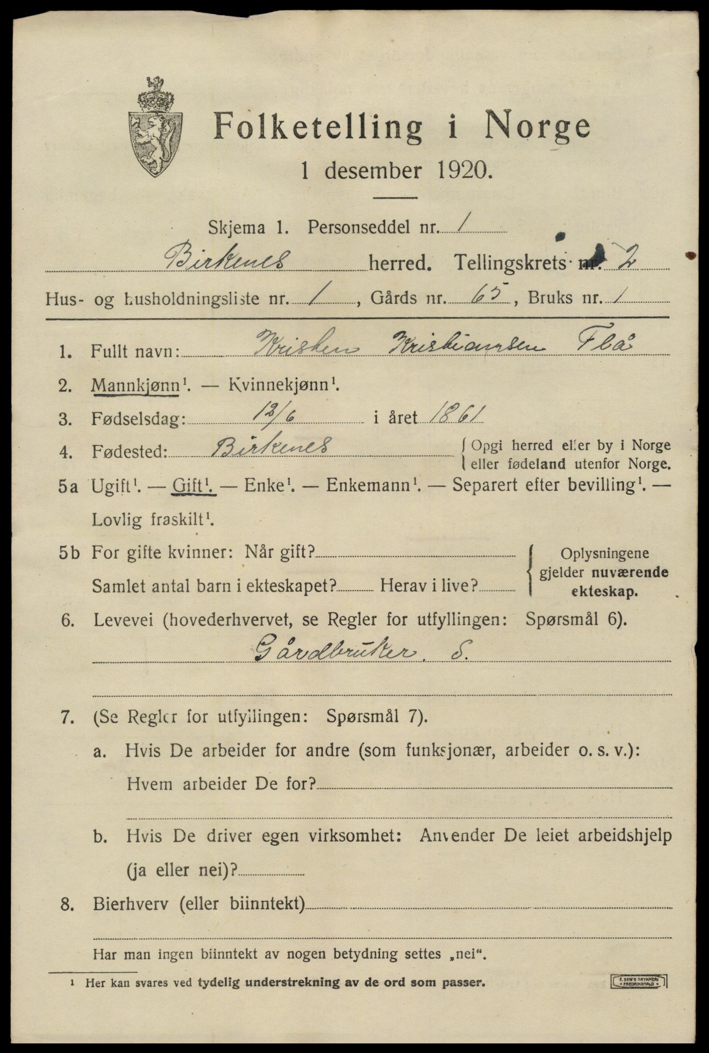 SAK, 1920 census for Birkenes, 1920, p. 1063