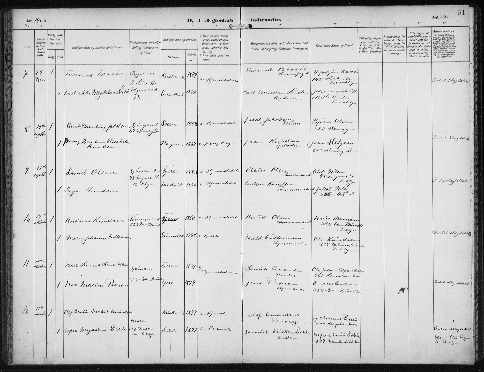Den norske sjømannsmisjon i utlandet/New York, SAB/SAB/PA-0110/H/Ha/L0005: Parish register (official) no. A 5, 1902-1908, p. 61