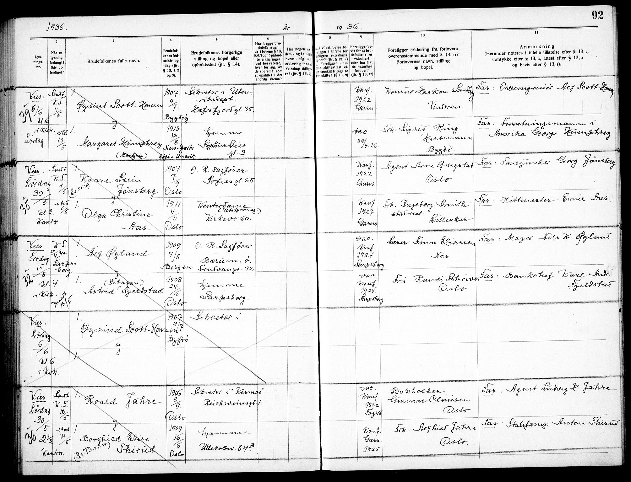 Garnisonsmenigheten Kirkebøker, AV/SAO-A-10846/H/Ha/L0011: Banns register no. I 11, 1932-1936, p. 92