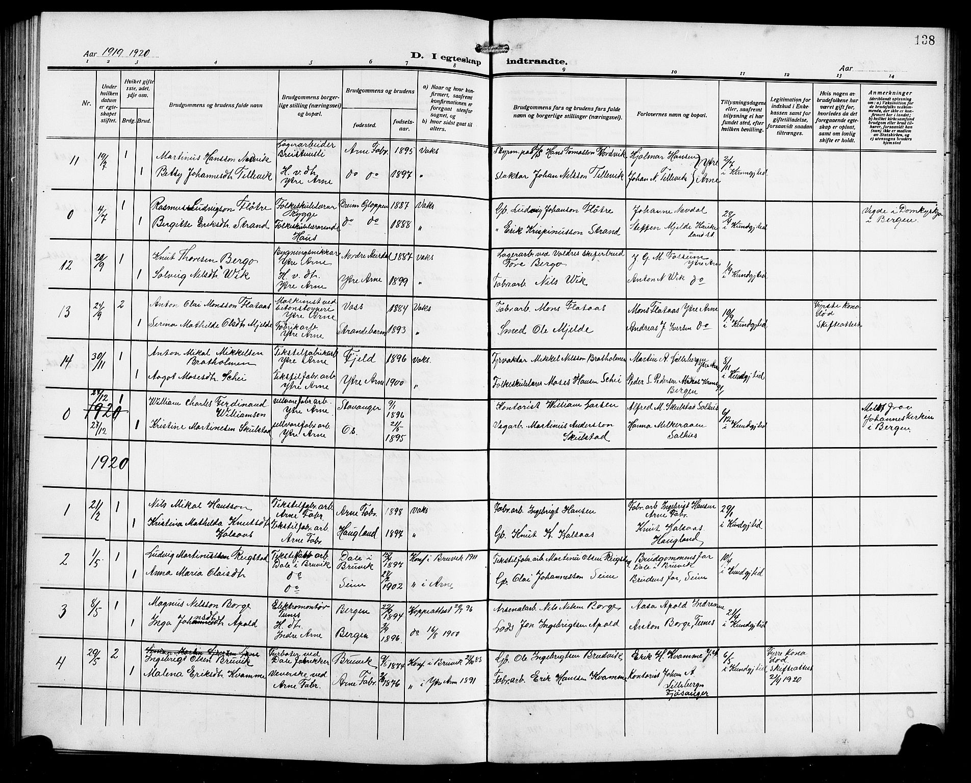 Arna Sokneprestembete, AV/SAB-A-74001/H/Ha/Hab: Parish register (copy) no. A 5, 1911-1921, p. 138