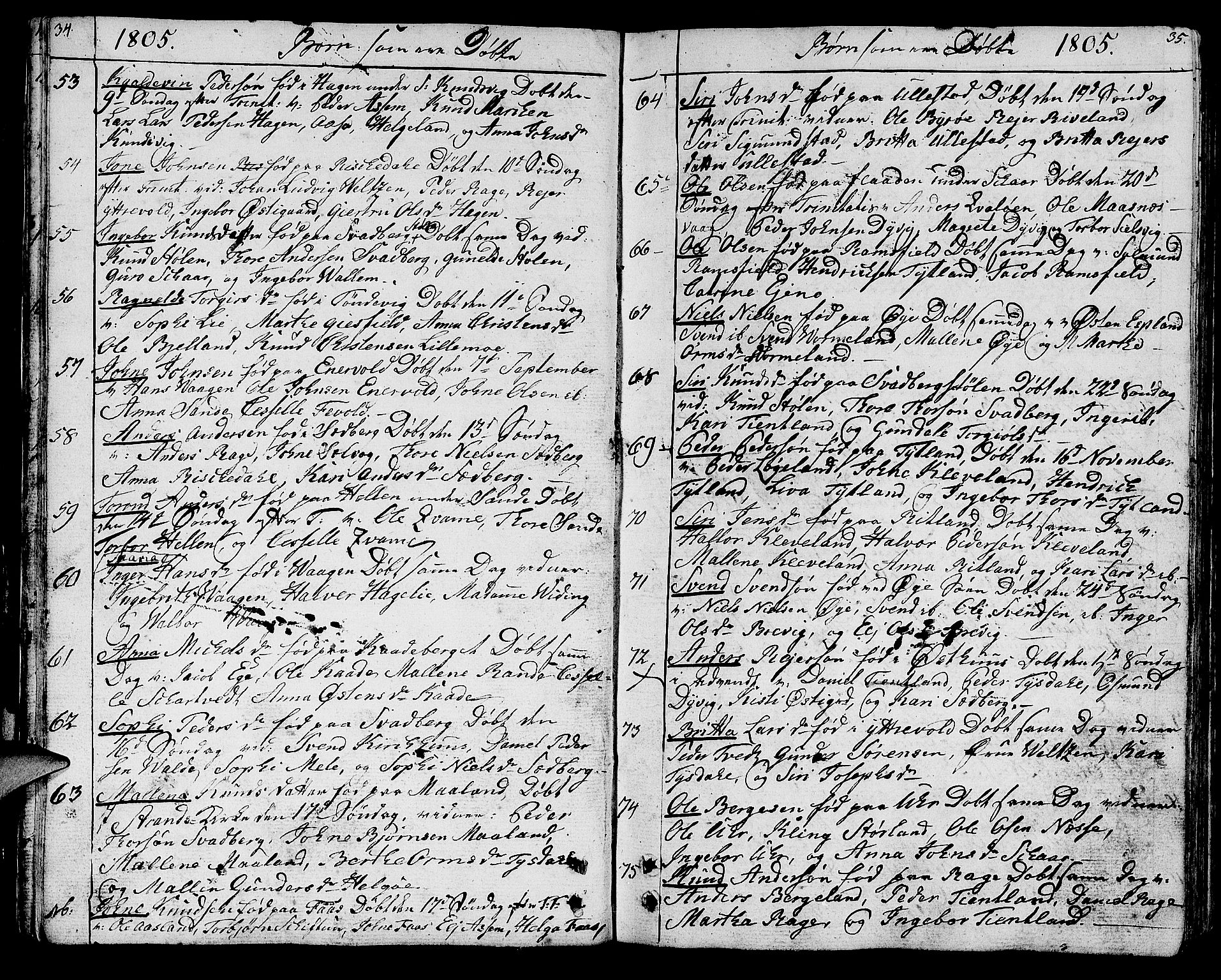 Hjelmeland sokneprestkontor, AV/SAST-A-101843/01/IV/L0002: Parish register (official) no. A 2, 1799-1816, p. 34-35