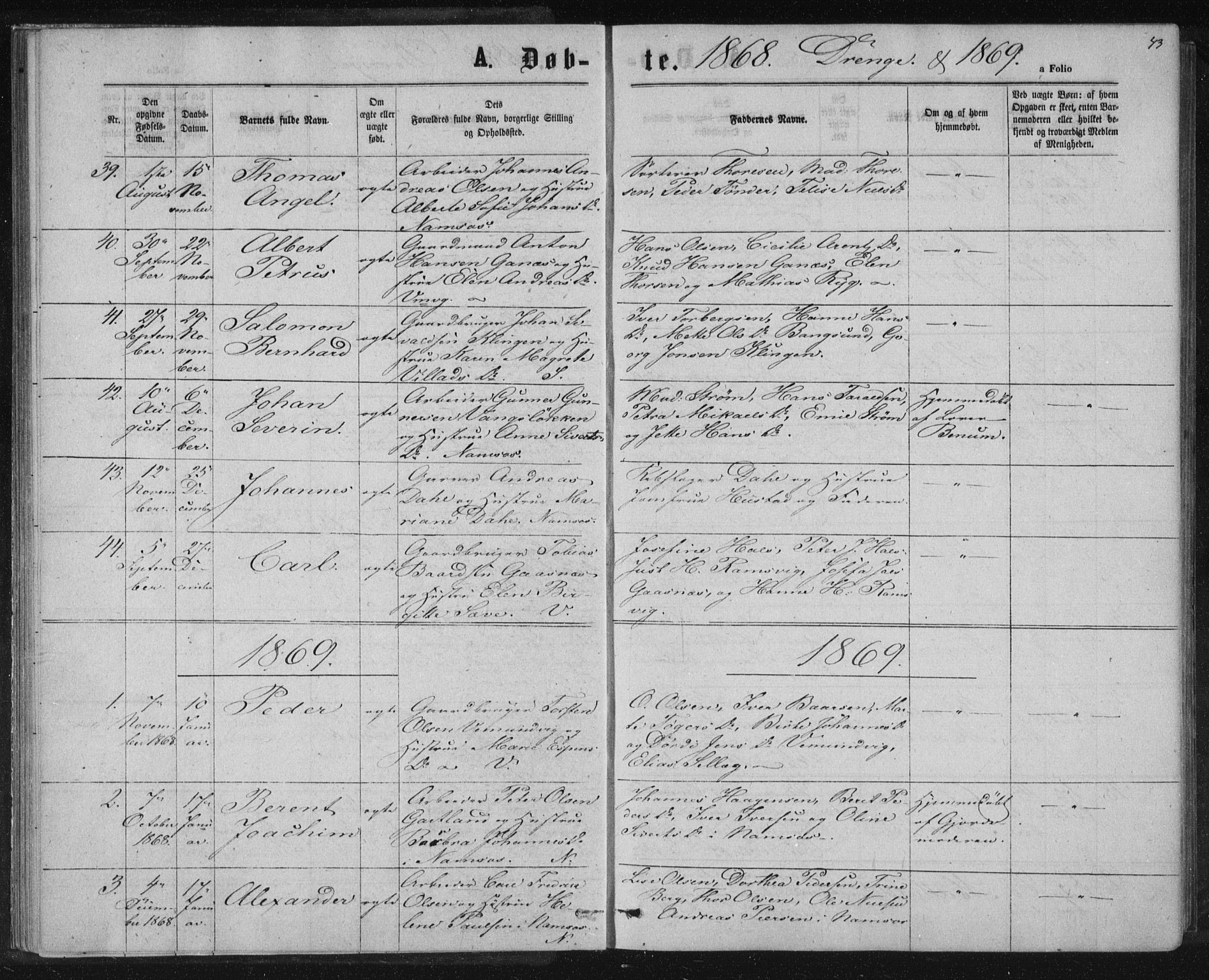 Ministerialprotokoller, klokkerbøker og fødselsregistre - Nord-Trøndelag, SAT/A-1458/768/L0570: Parish register (official) no. 768A05, 1865-1874, p. 43