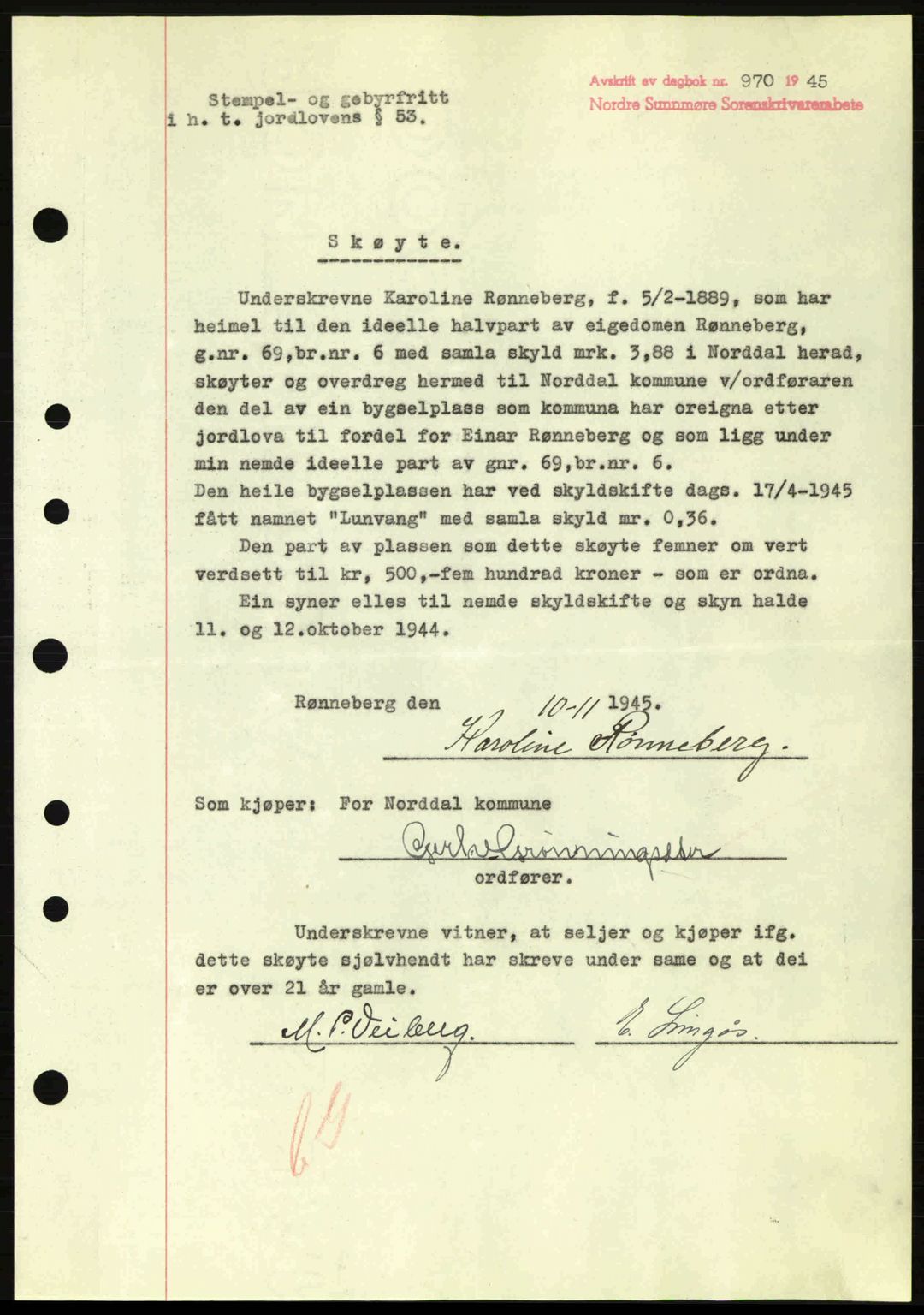 Nordre Sunnmøre sorenskriveri, AV/SAT-A-0006/1/2/2C/2Ca: Mortgage book no. A20a, 1945-1945, Diary no: : 970/1945