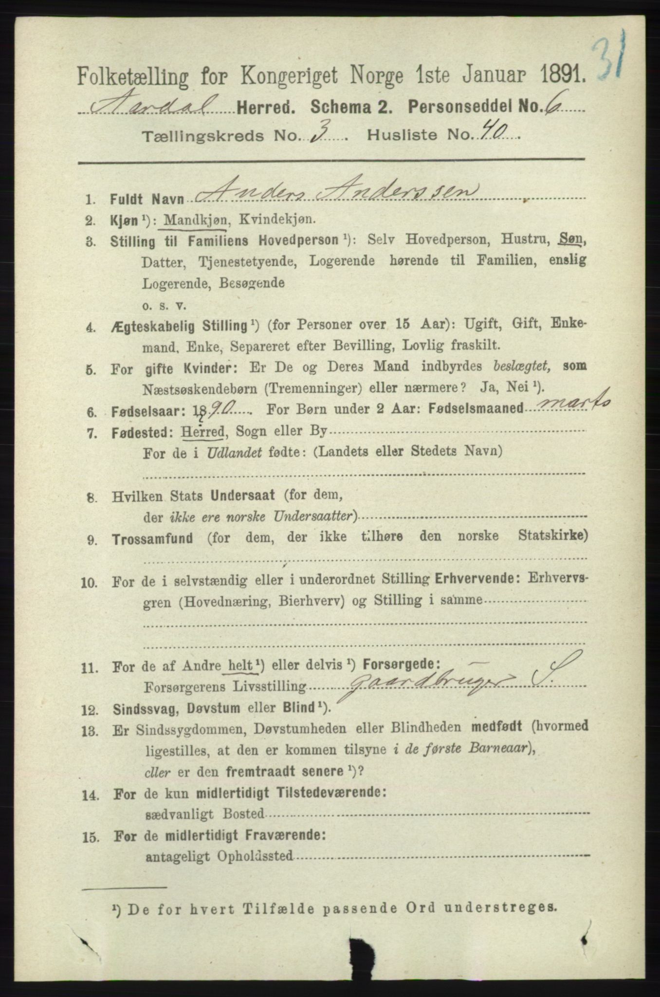 RA, 1891 census for 1131 Årdal, 1891, p. 1067