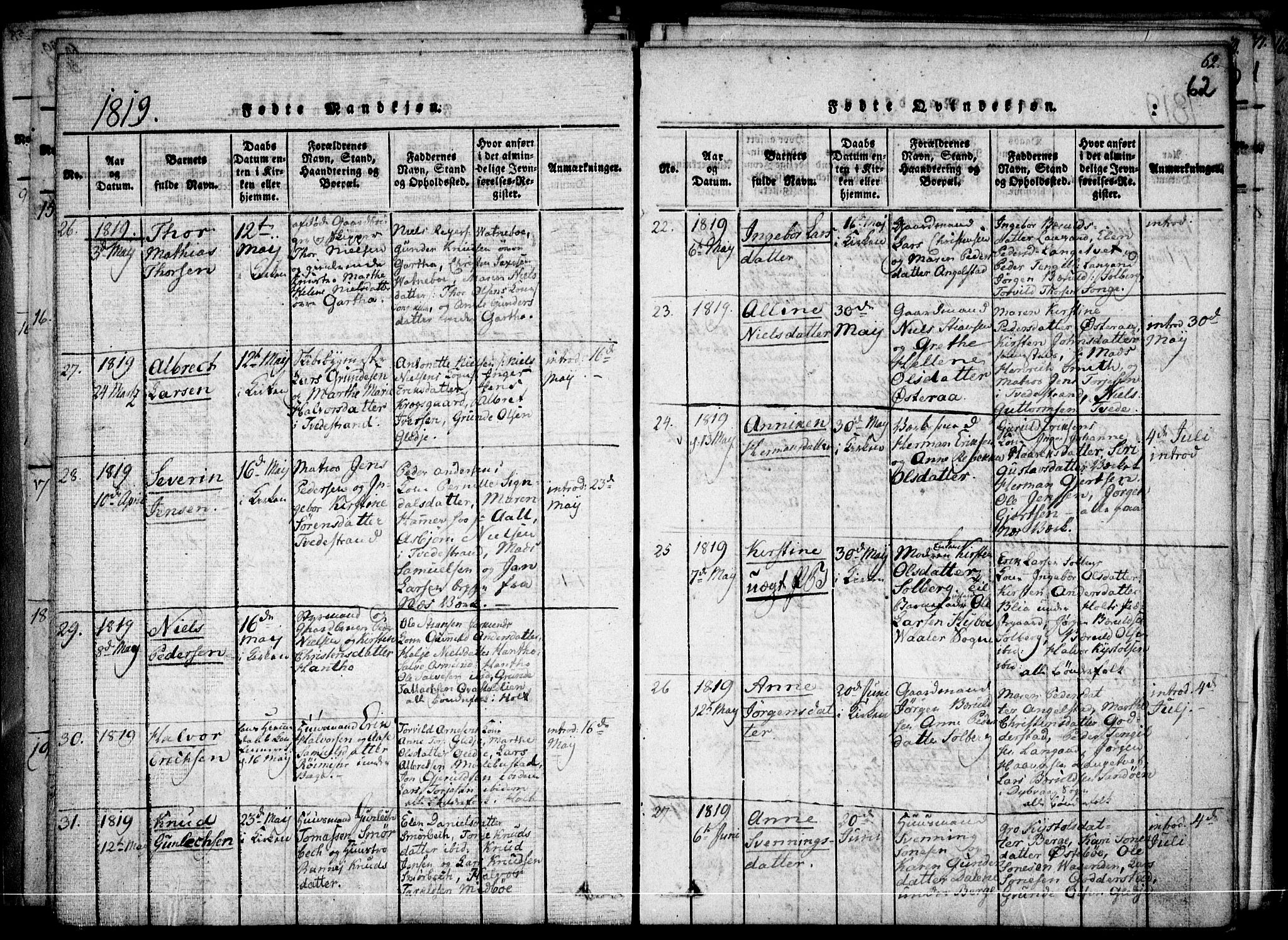 Holt sokneprestkontor, AV/SAK-1111-0021/F/Fa/L0005: Parish register (official) no. A 5, 1813-1821, p. 62