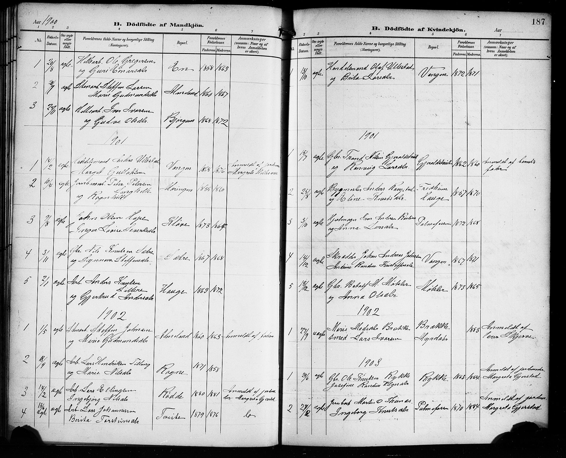 Voss sokneprestembete, AV/SAB-A-79001/H/Hab: Parish register (copy) no. C 2, 1900-1909, p. 187