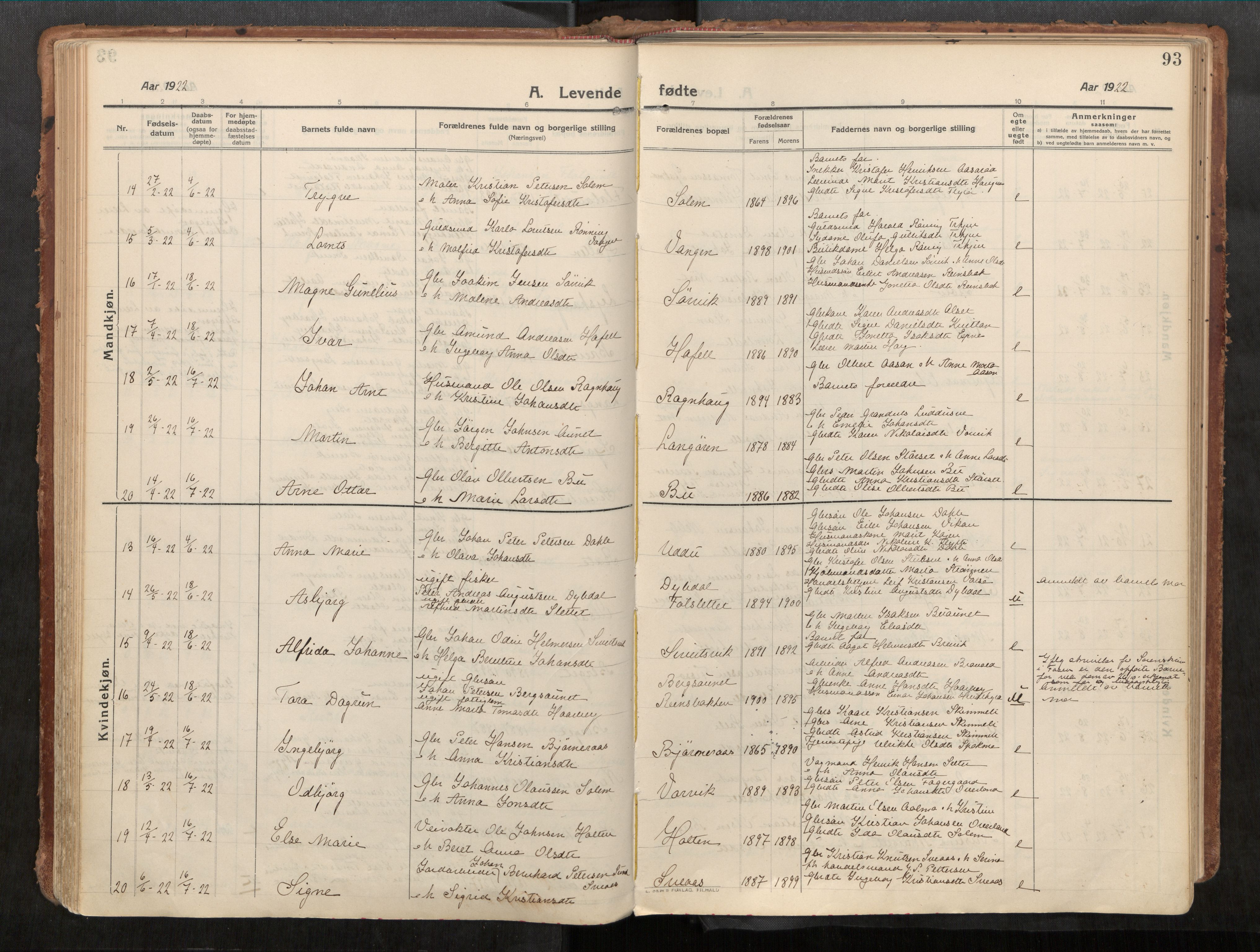 Stadsbygd sokneprestkontor, AV/SAT-A-1117/1/I/I1/I1a/L0001: Parish register (official) no. 1, 1911-1929, p. 93