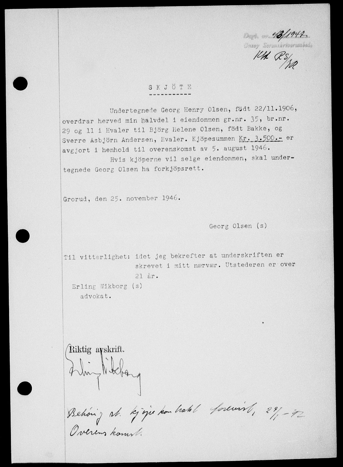 Onsøy sorenskriveri, SAO/A-10474/G/Ga/Gab/L0018: Mortgage book no. II A-18, 1946-1947, Diary no: : 43/1947