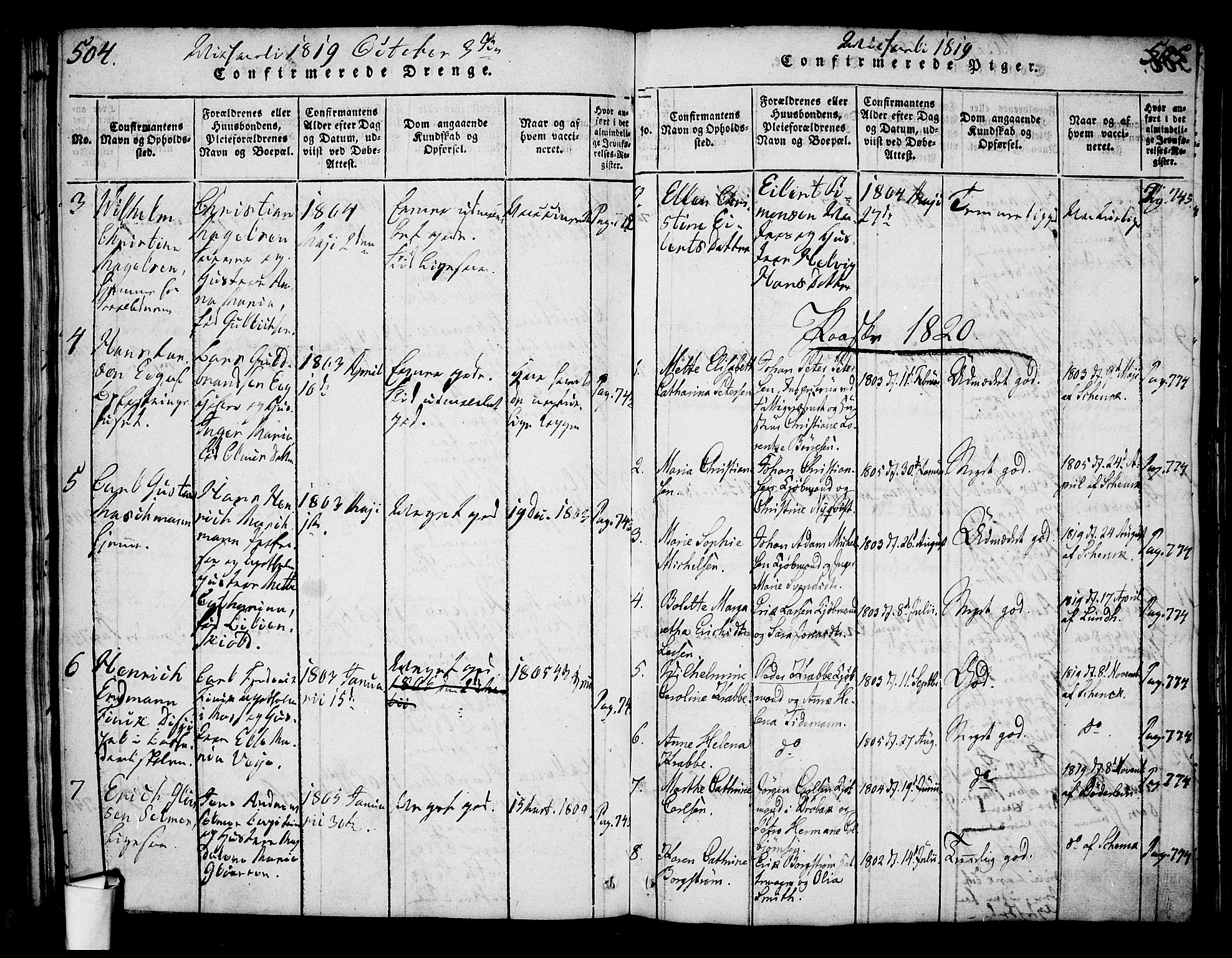 Oslo domkirke Kirkebøker, AV/SAO-A-10752/G/Ga/L0001: Parish register (copy) no. 1, 1817-1825, p. 504-505