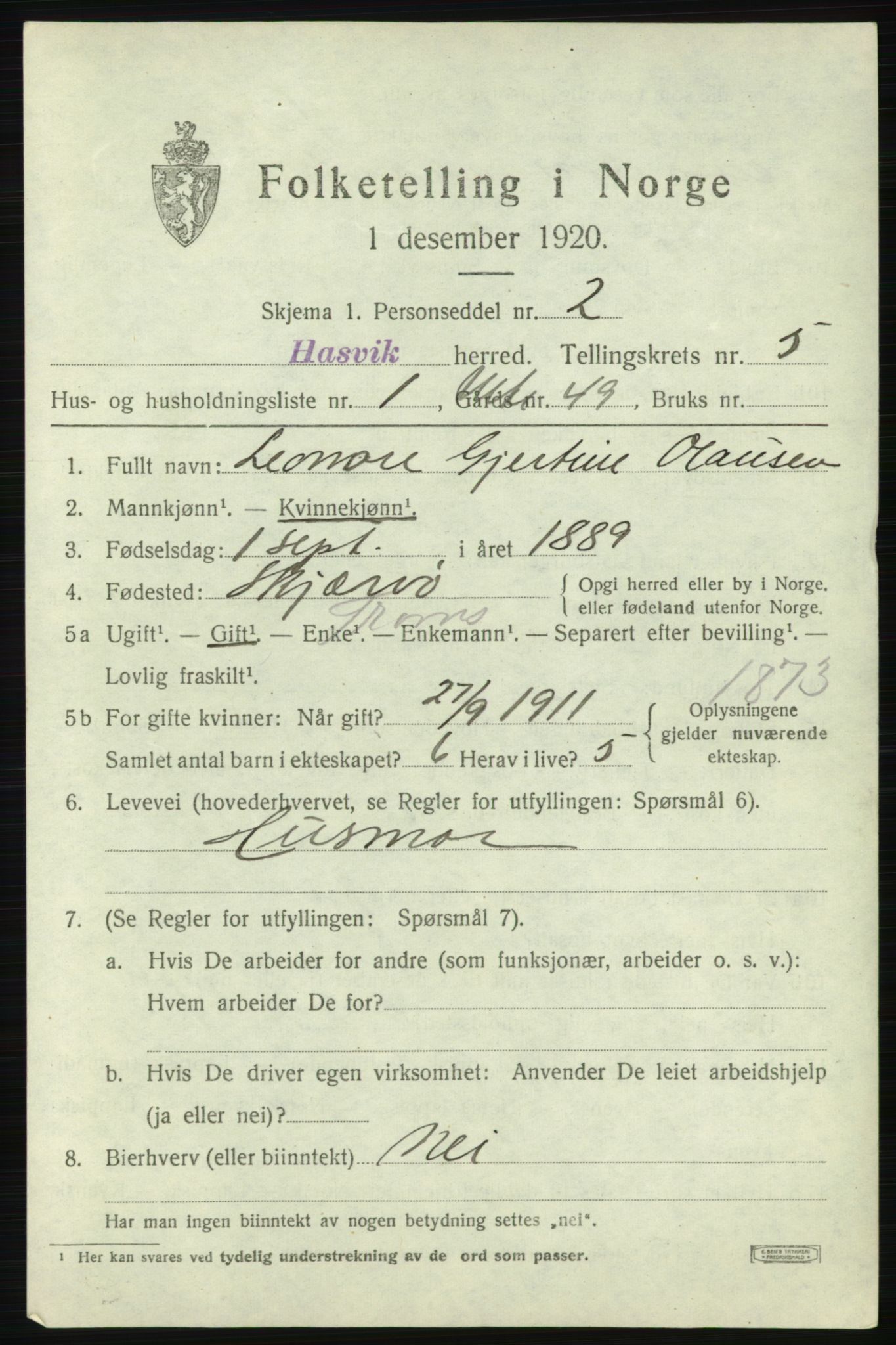 SATØ, 1920 census for Hasvik, 1920, p. 2309