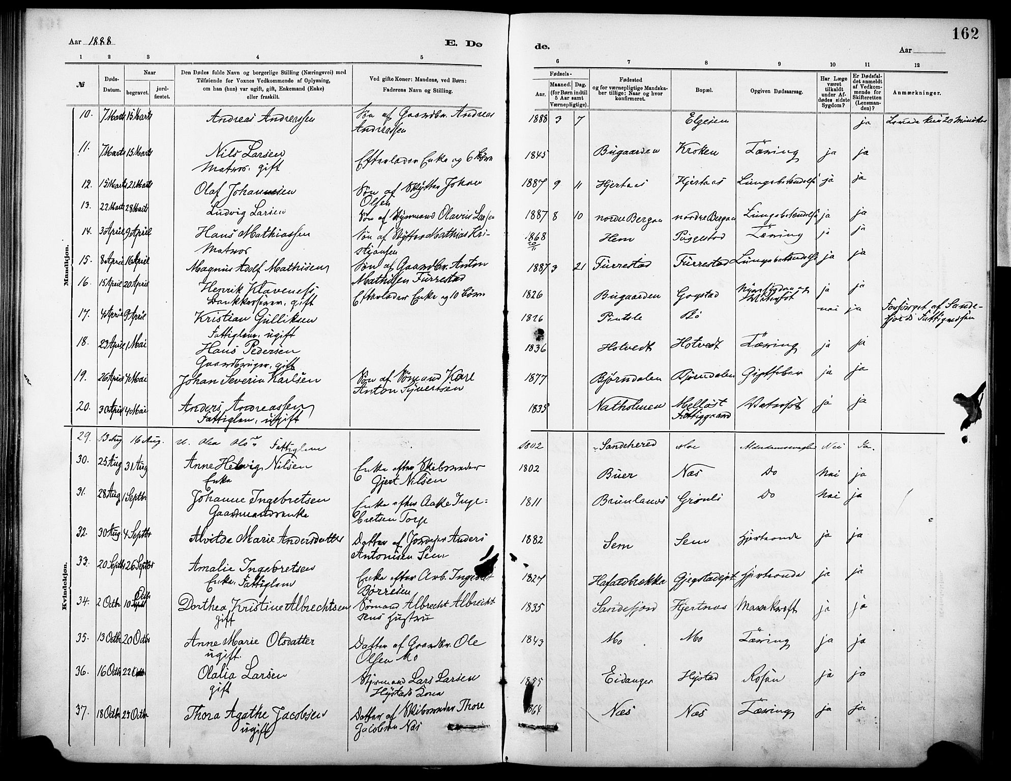 Sandar kirkebøker, SAKO/A-243/F/Fa/L0013: Parish register (official) no. 13, 1883-1895, p. 162