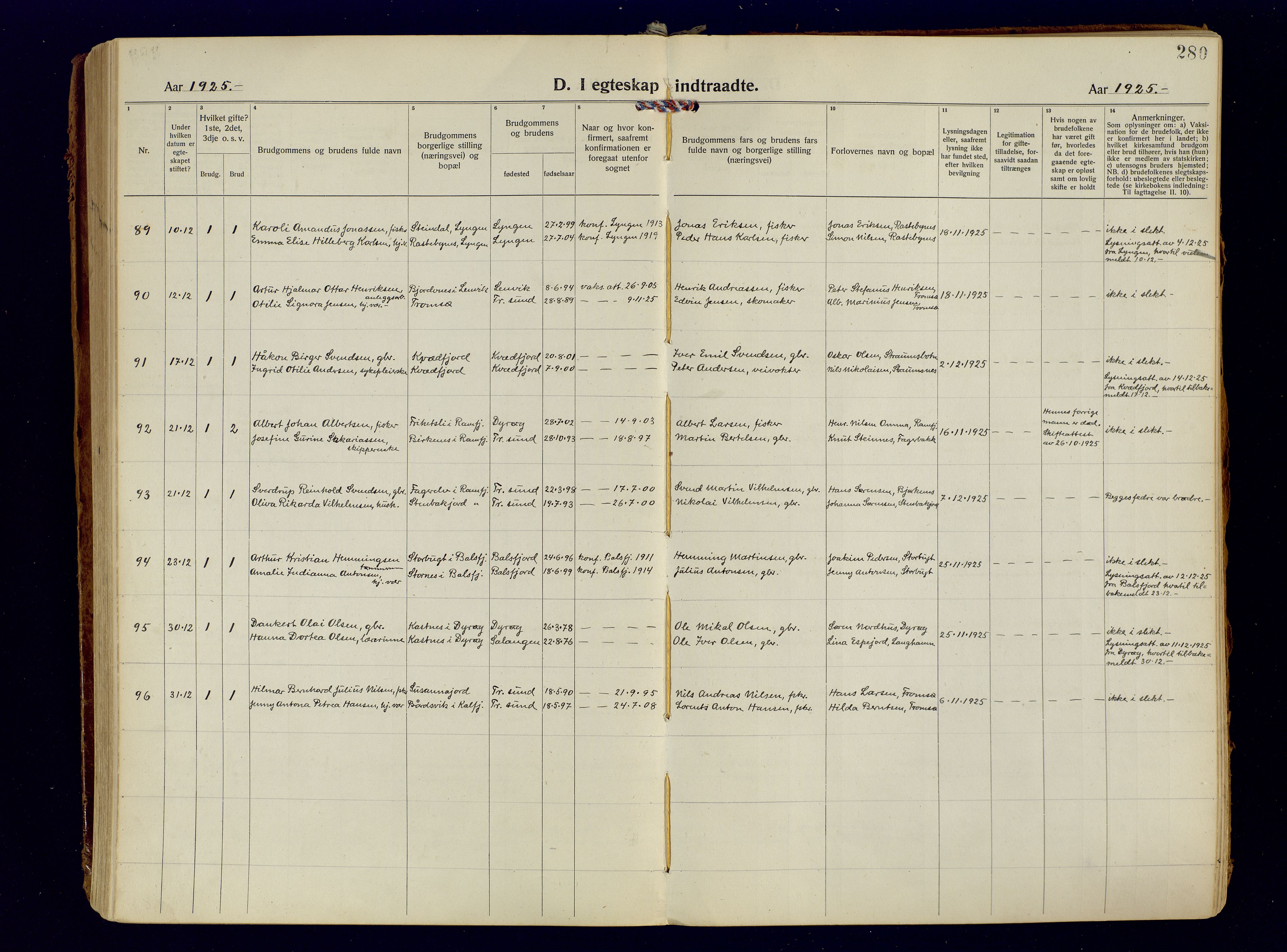 Tromsøysund sokneprestkontor, AV/SATØ-S-1304/G/Ga/L0009kirke: Parish register (official) no. 9, 1922-1934, p. 280