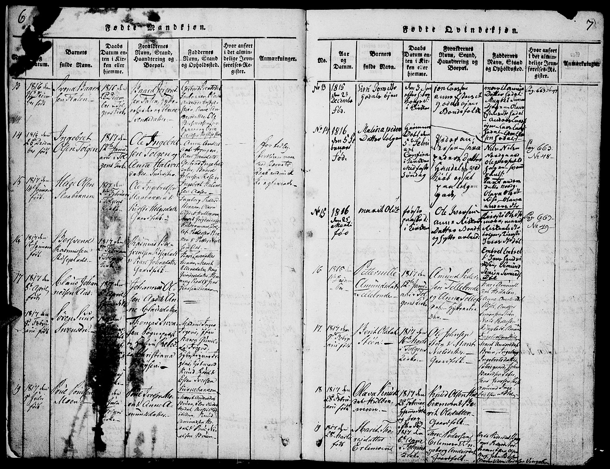 Tolga prestekontor, AV/SAH-PREST-062/L/L0001: Parish register (copy) no. 1, 1814-1877, p. 6-7