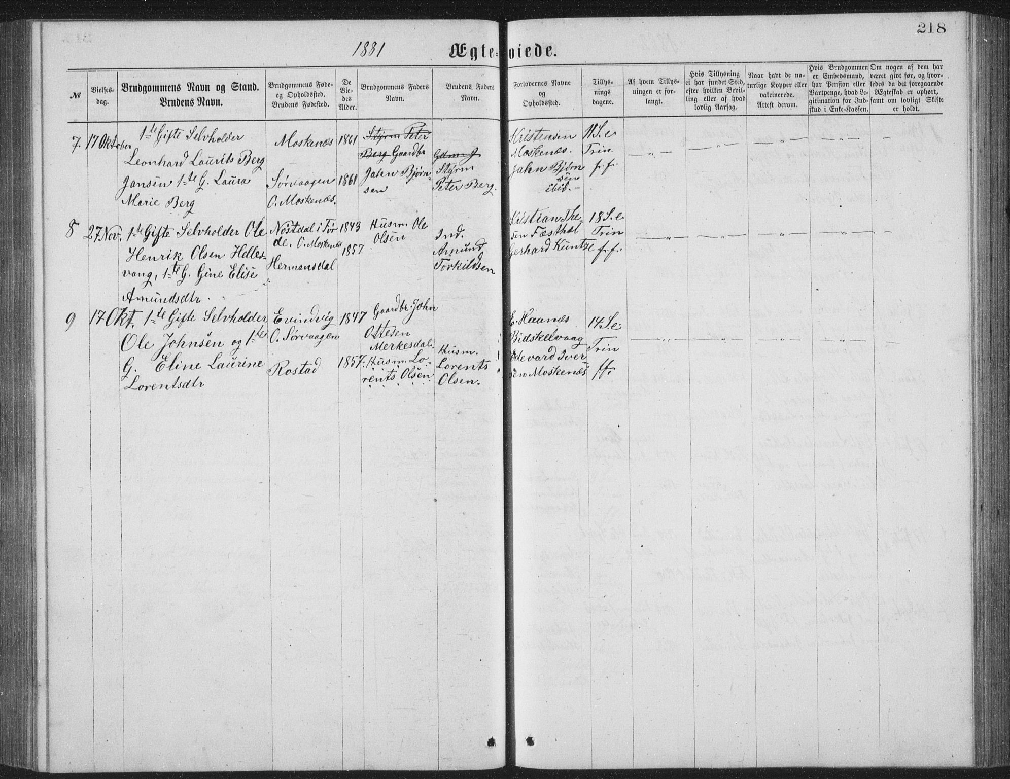 Ministerialprotokoller, klokkerbøker og fødselsregistre - Nordland, AV/SAT-A-1459/886/L1225: Parish register (copy) no. 886C02, 1874-1896, p. 218