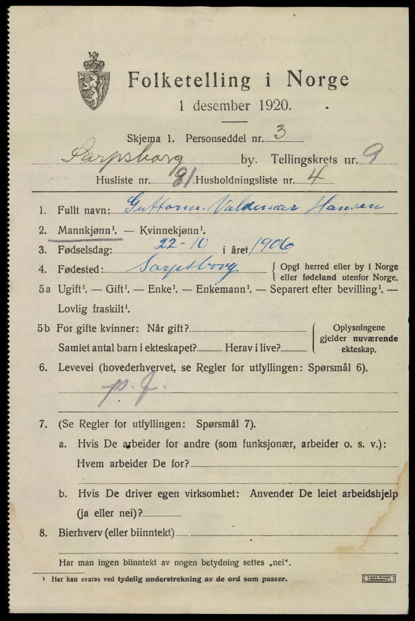 SAO, 1920 census for Sarpsborg, 1920, p. 20732