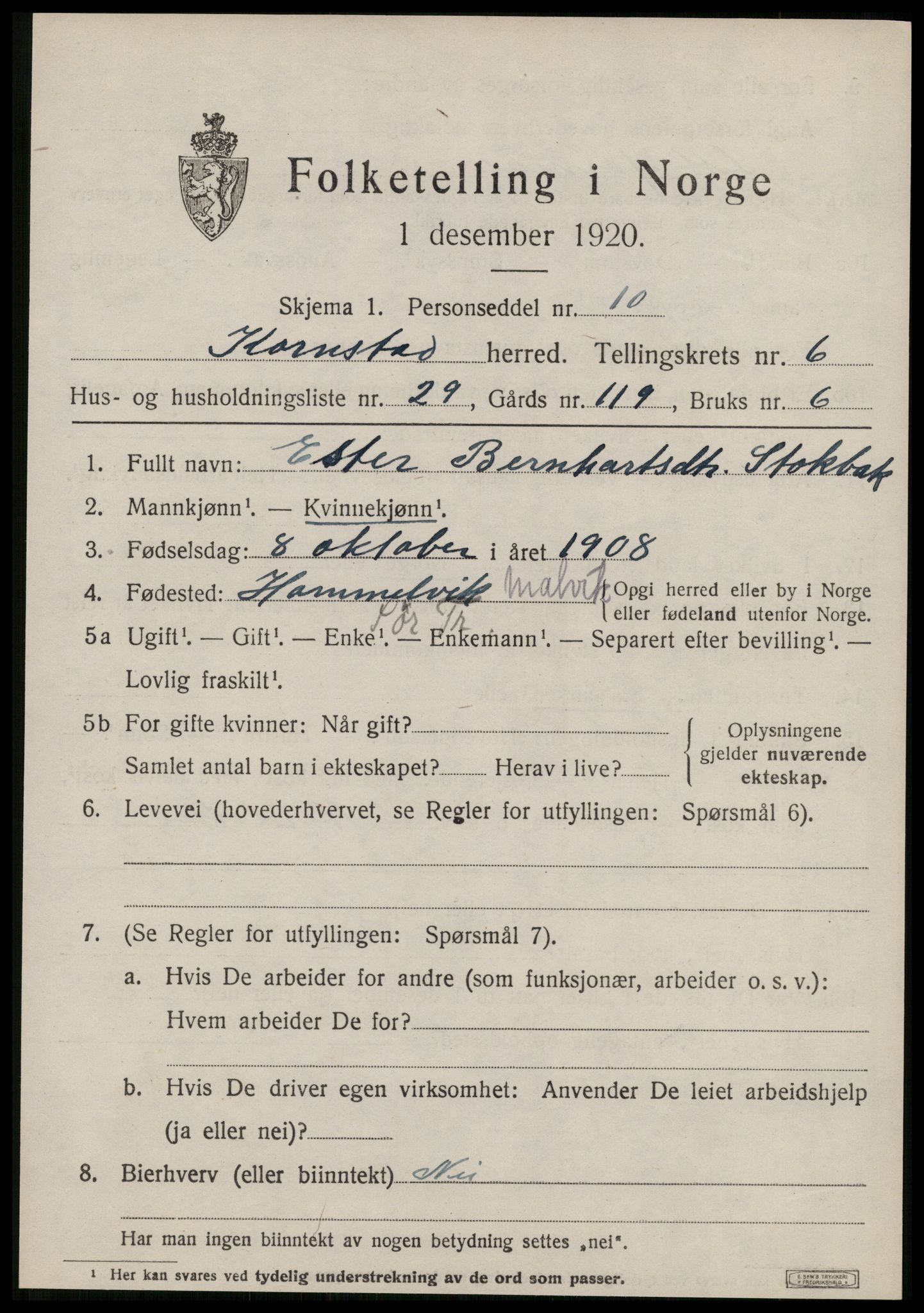 SAT, 1920 census for Kornstad, 1920, p. 3557