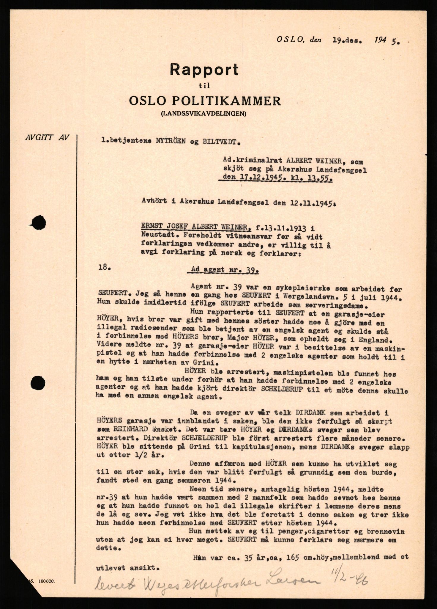 Forsvaret, Forsvarets overkommando II, AV/RA-RAFA-3915/D/Db/L0035: CI Questionaires. Tyske okkupasjonsstyrker i Norge. Tyskere., 1945-1946, p. 255