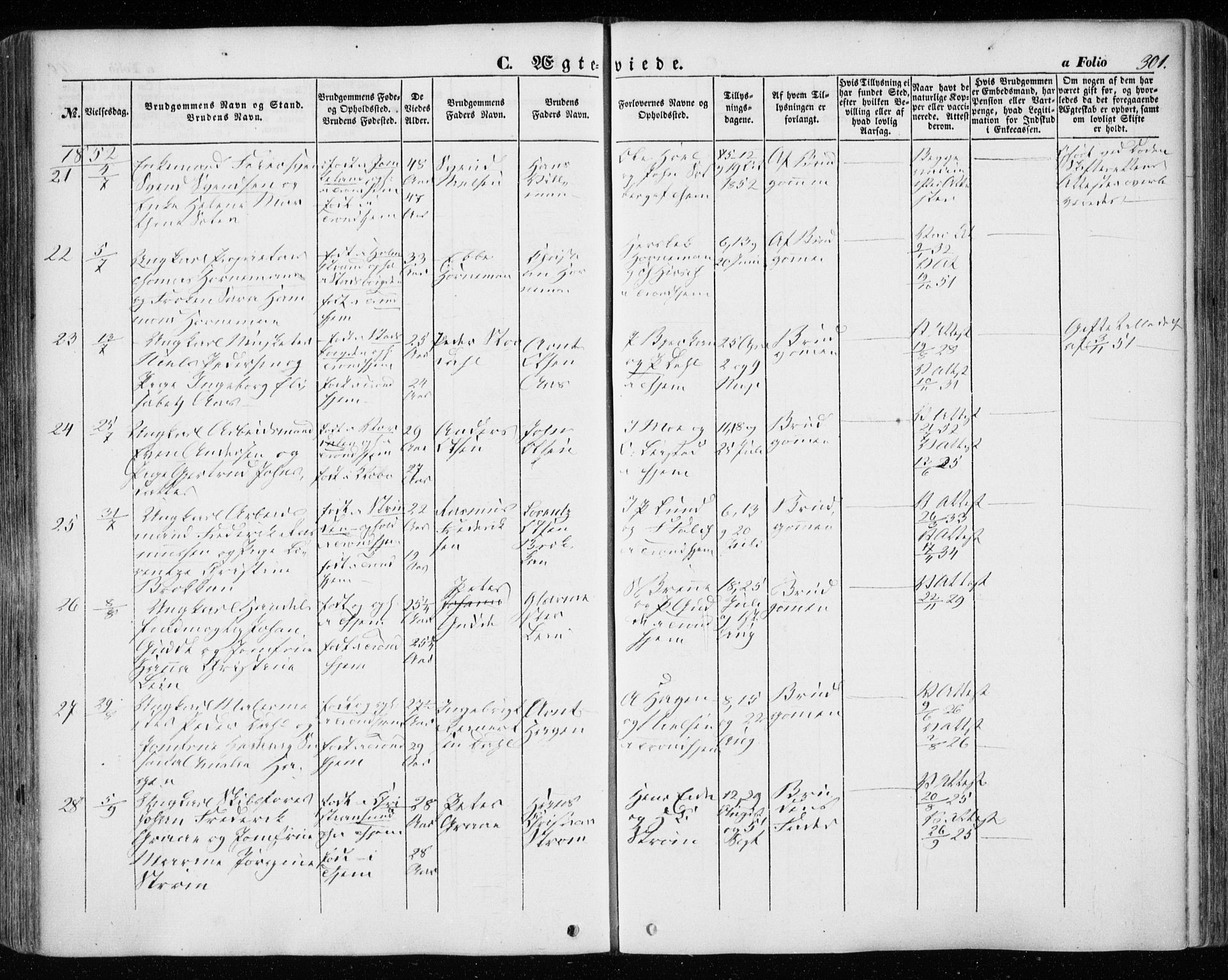 Ministerialprotokoller, klokkerbøker og fødselsregistre - Sør-Trøndelag, SAT/A-1456/601/L0051: Parish register (official) no. 601A19, 1848-1857, p. 301