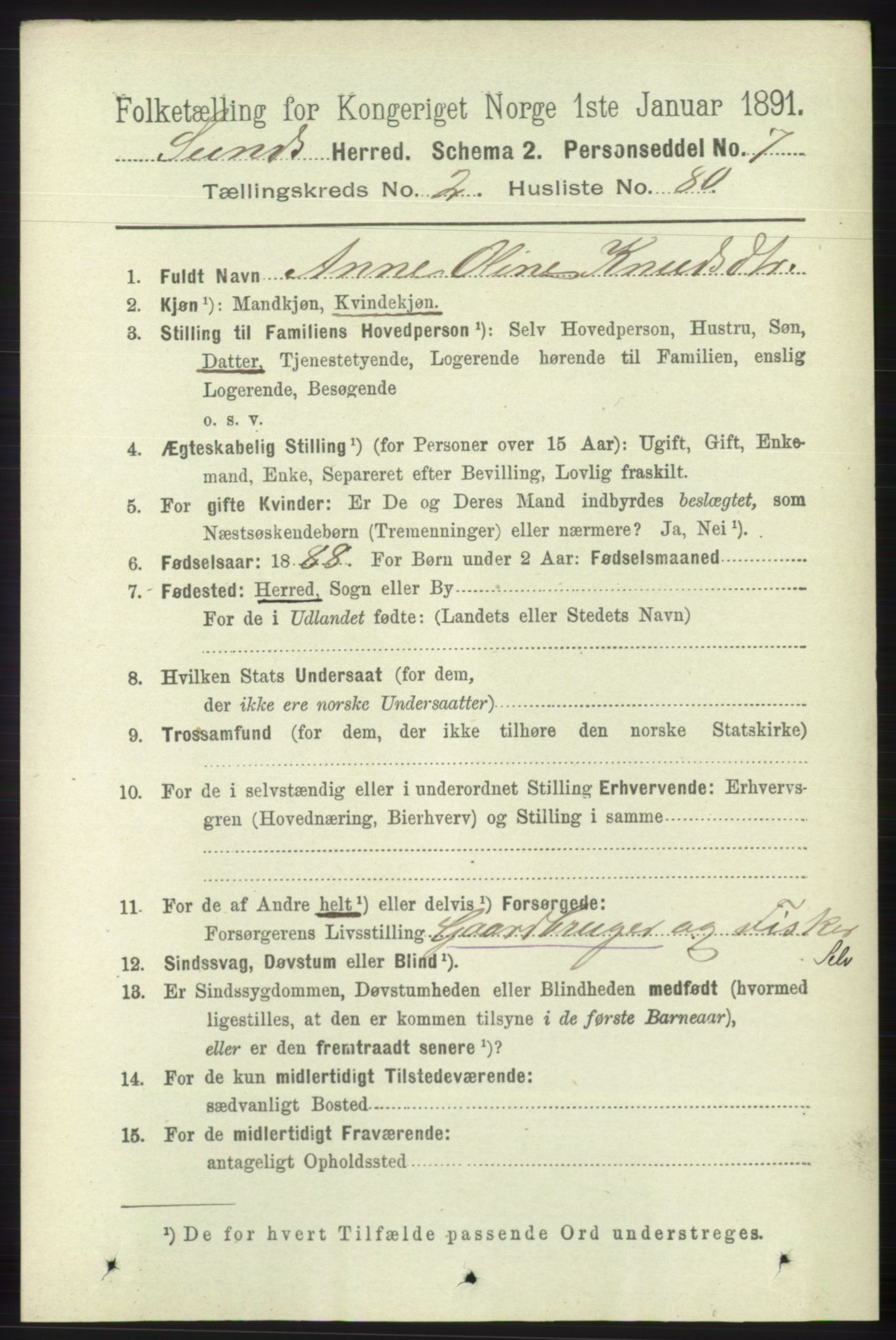 RA, 1891 census for 1245 Sund, 1891, p. 1107