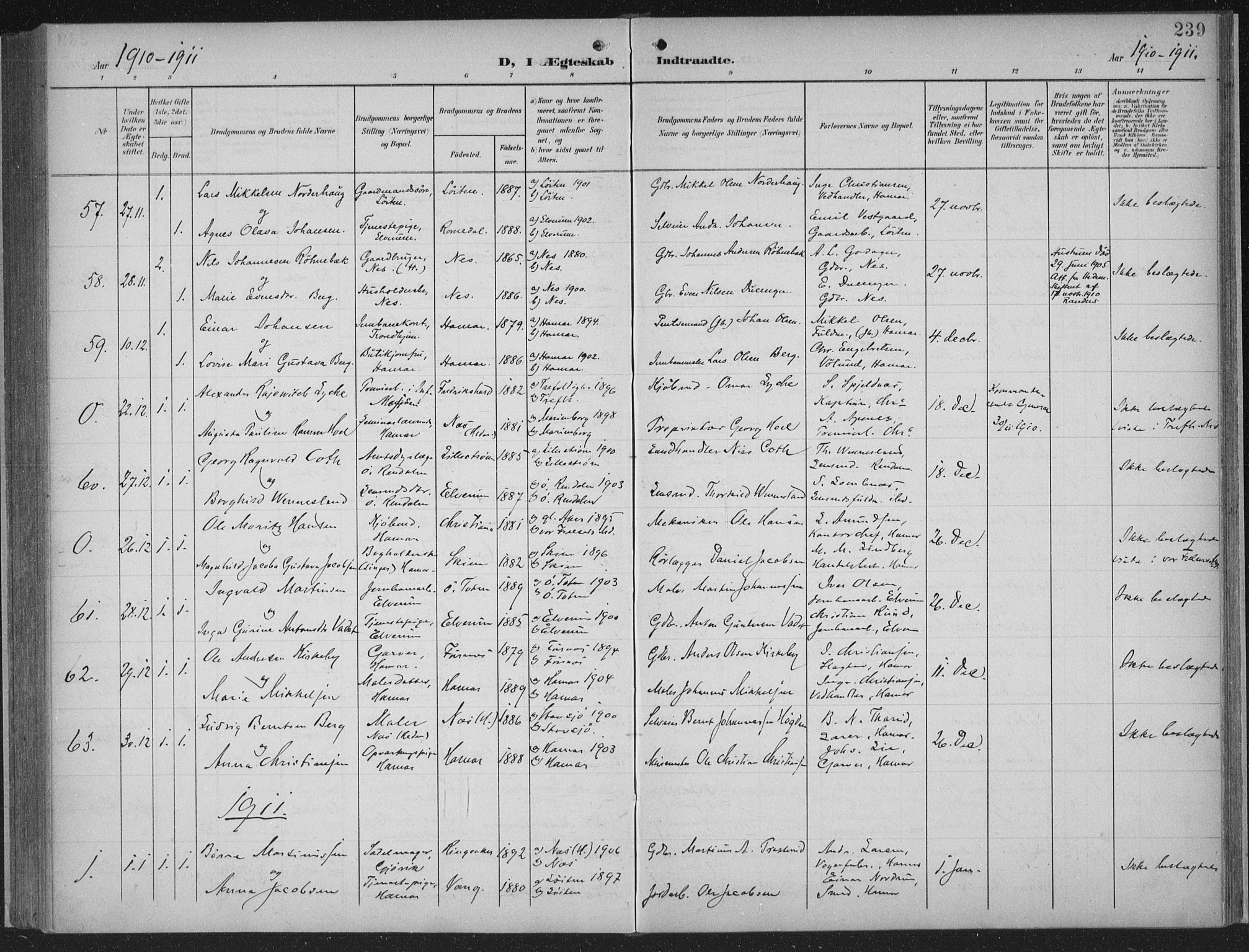 Hamar prestekontor, AV/SAH-DOMPH-002/H/Ha/Haa/L0001: Parish register (official) no. 1, 1900-1914, p. 239