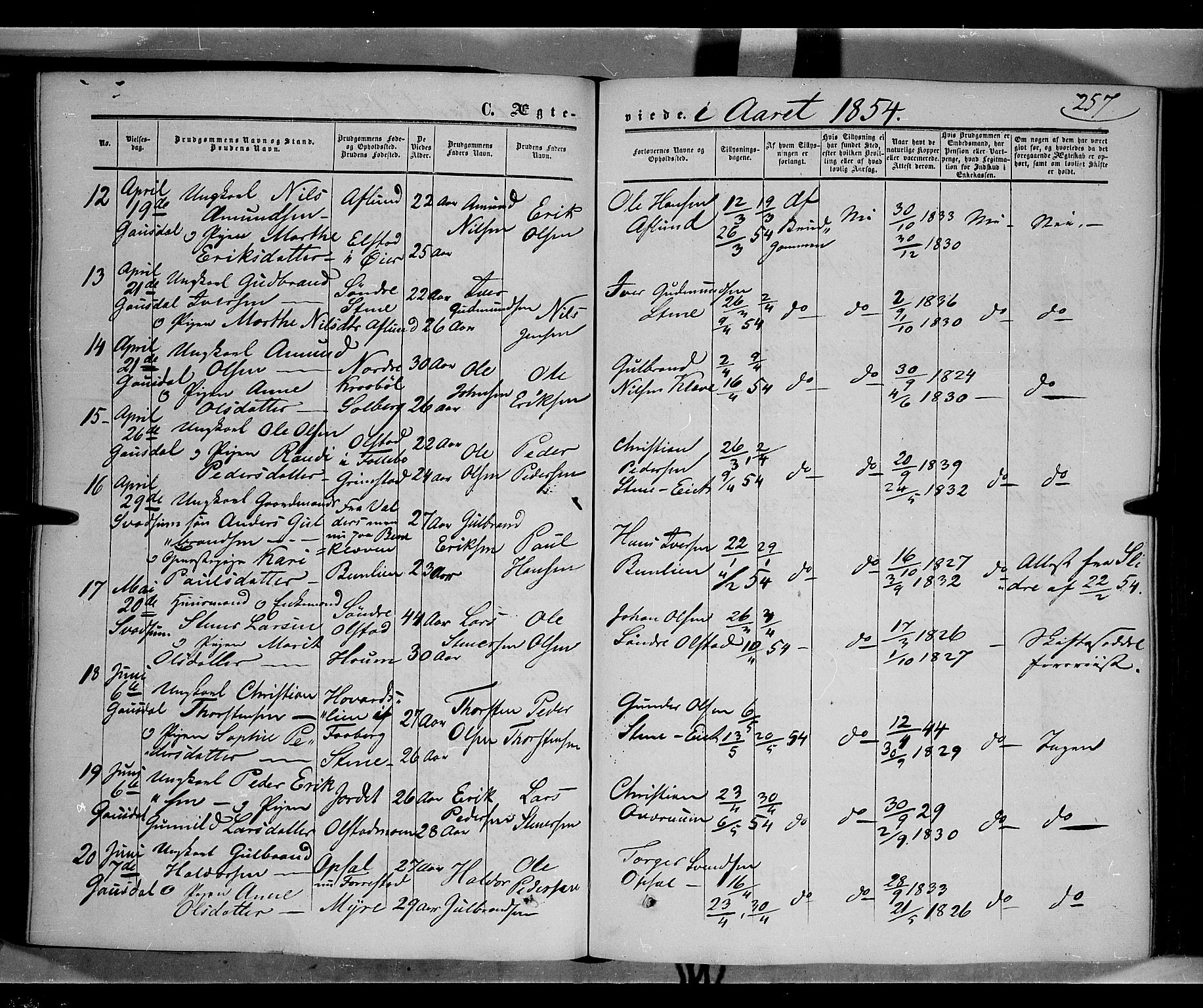 Gausdal prestekontor, SAH/PREST-090/H/Ha/Haa/L0008: Parish register (official) no. 8, 1850-1861, p. 257