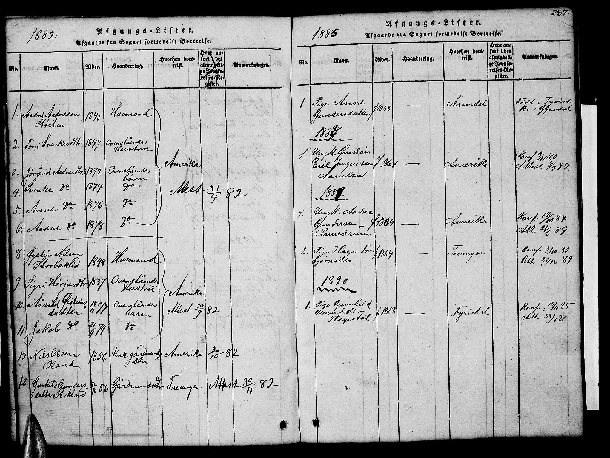 Åmli sokneprestkontor, SAK/1111-0050/F/Fb/Fba/L0001: Parish register (copy) no. B 1, 1816-1890, p. 287