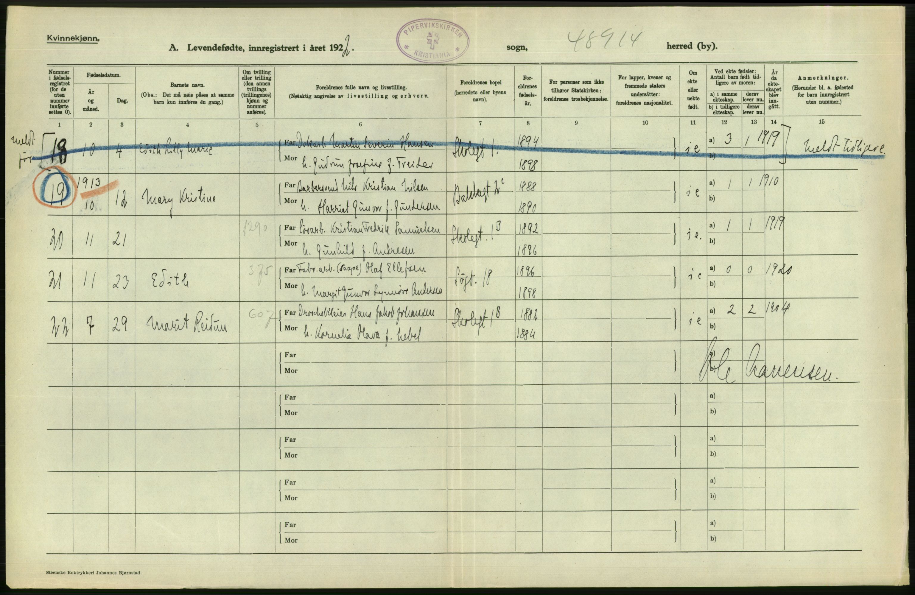 Statistisk sentralbyrå, Sosiodemografiske emner, Befolkning, AV/RA-S-2228/D/Df/Dfc/Dfcb/L0007: Kristiania: Levendefødte menn og kvinner., 1922, p. 134