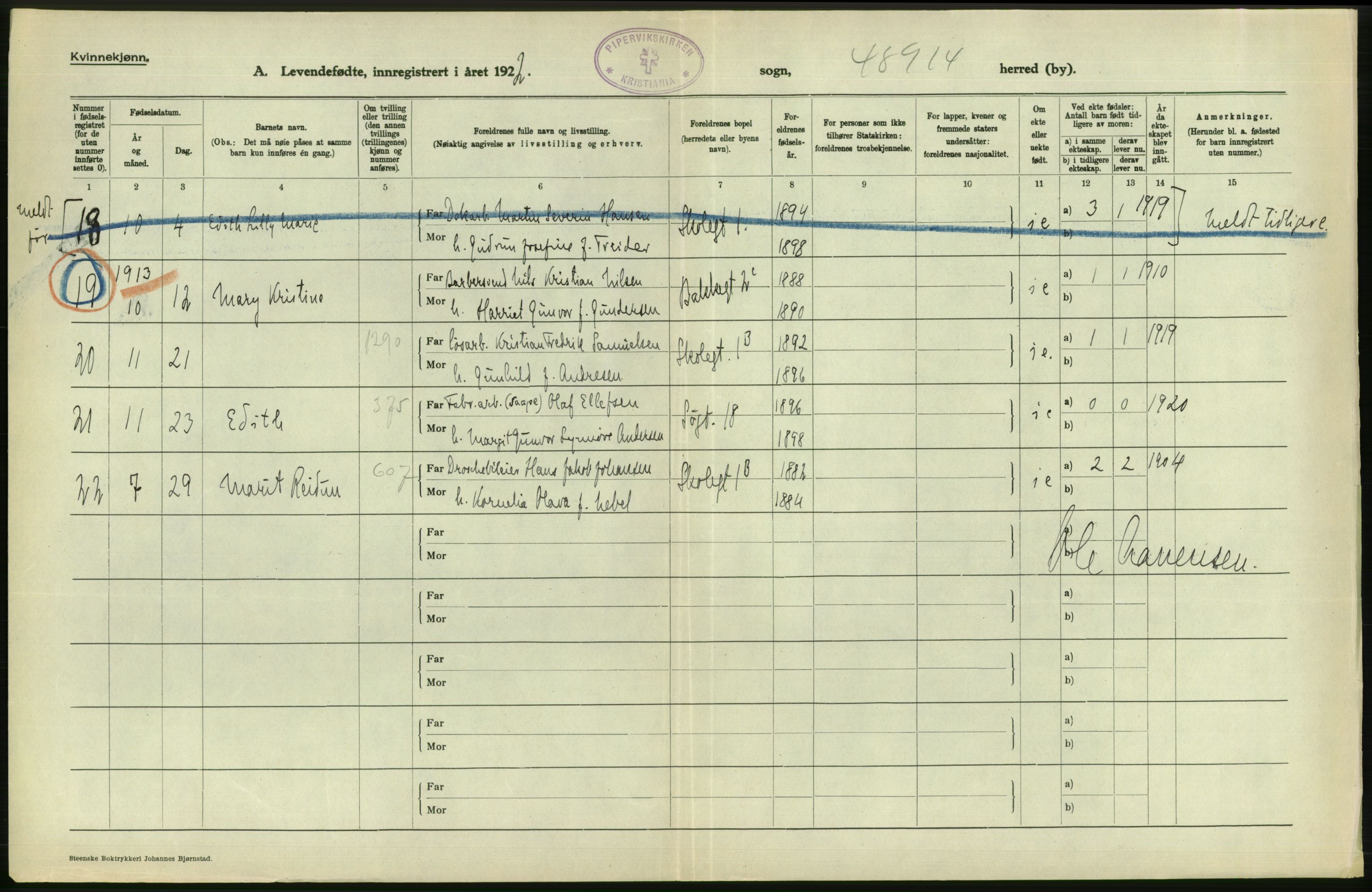 Statistisk sentralbyrå, Sosiodemografiske emner, Befolkning, RA/S-2228/D/Df/Dfc/Dfcb/L0007: Kristiania: Levendefødte menn og kvinner., 1922, p. 134