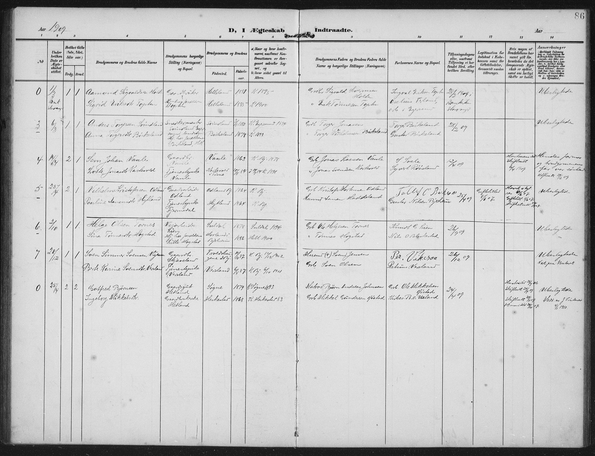 Helleland sokneprestkontor, SAST/A-101810: Parish register (official) no. A 12, 1906-1923, p. 86