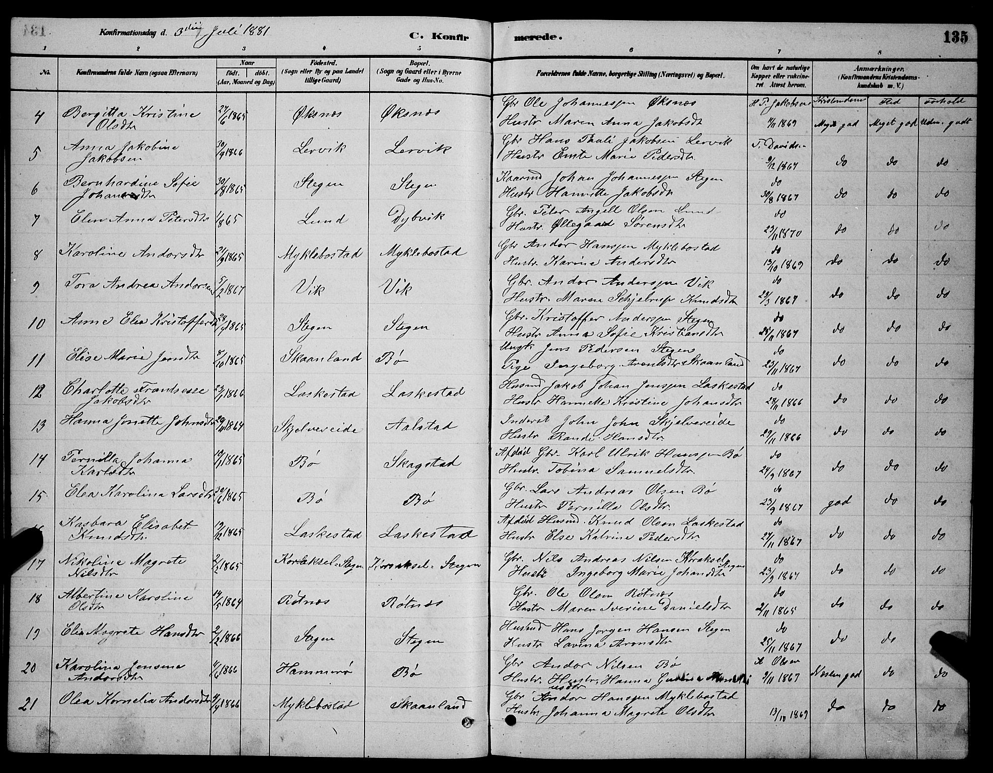 Ministerialprotokoller, klokkerbøker og fødselsregistre - Nordland, SAT/A-1459/855/L0816: Parish register (copy) no. 855C05, 1879-1894, p. 135