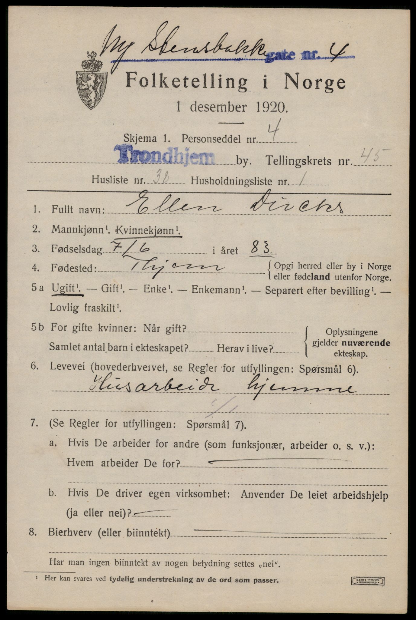 SAT, 1920 census for Trondheim, 1920, p. 97594