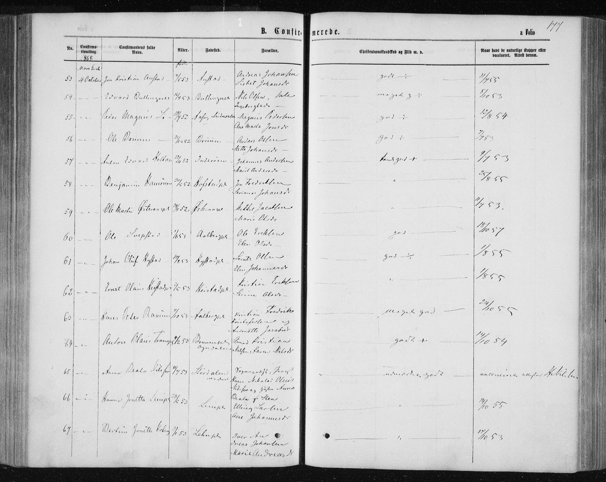 Ministerialprotokoller, klokkerbøker og fødselsregistre - Nord-Trøndelag, AV/SAT-A-1458/735/L0345: Parish register (official) no. 735A08 /1, 1863-1872, p. 177