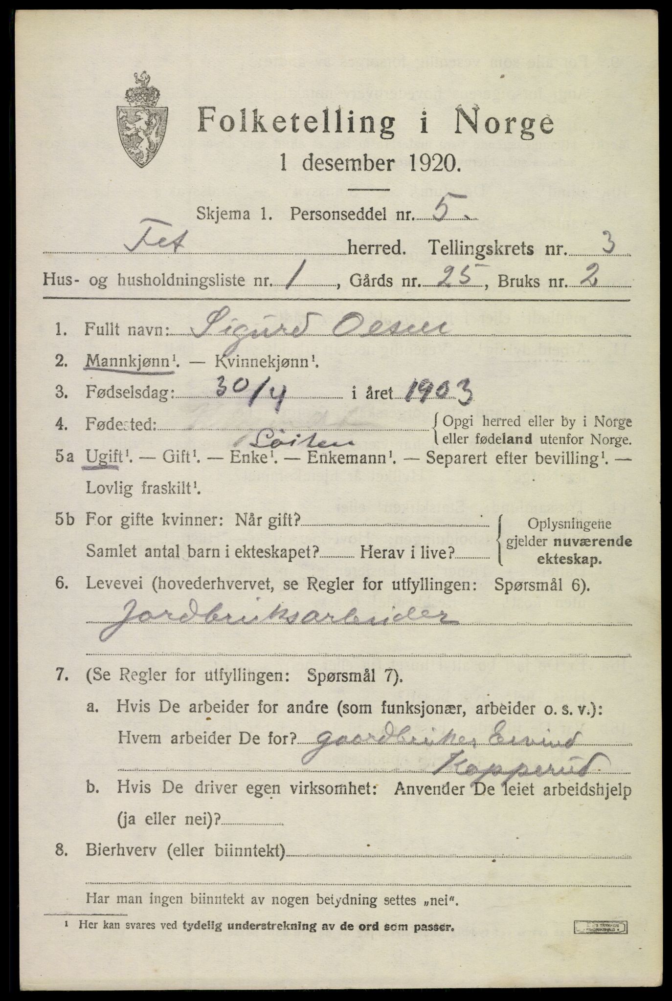 SAO, 1920 census for Fet, 1920, p. 3784