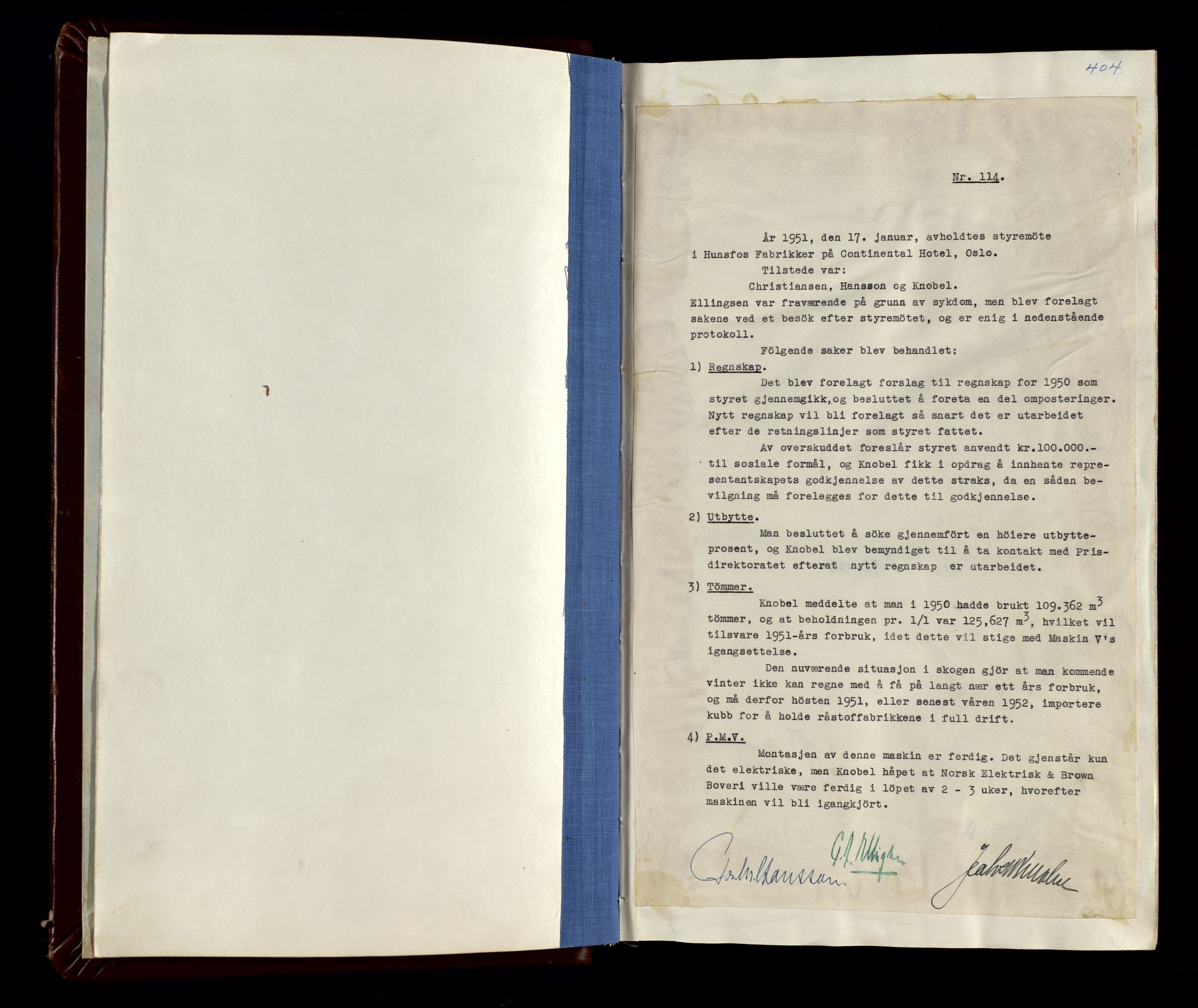 Hunsfos fabrikker, SAK/D/1440/02/L0007: Referatprotokoll fra styremøter (møte nr 114-221), 1951-1964, p. 403-404