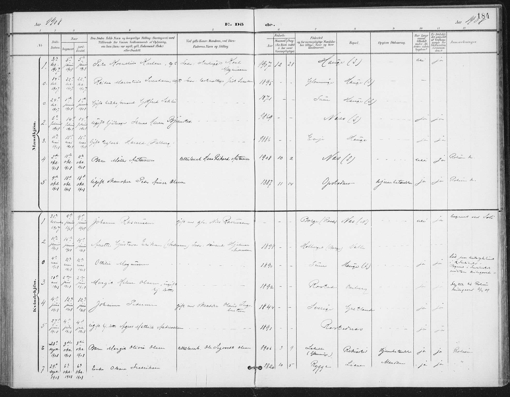 Rolvsøy prestekontor Kirkebøker, AV/SAO-A-2004/F/Fa/L0001: Parish register (official) no. 1, 1901-1909, p. 184