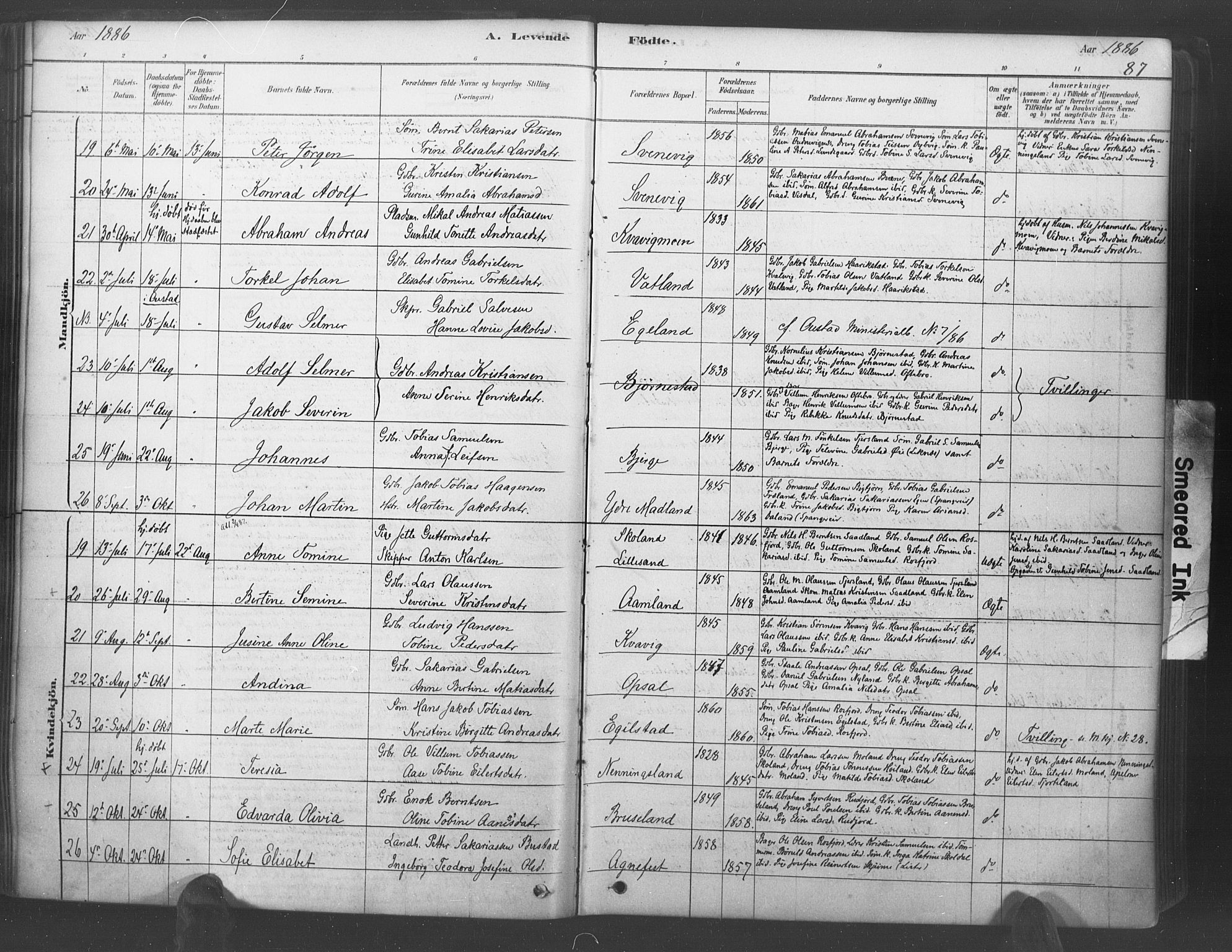 Lyngdal sokneprestkontor, AV/SAK-1111-0029/F/Fa/Fac/L0011: Parish register (official) no. A 11, 1878-1893, p. 87