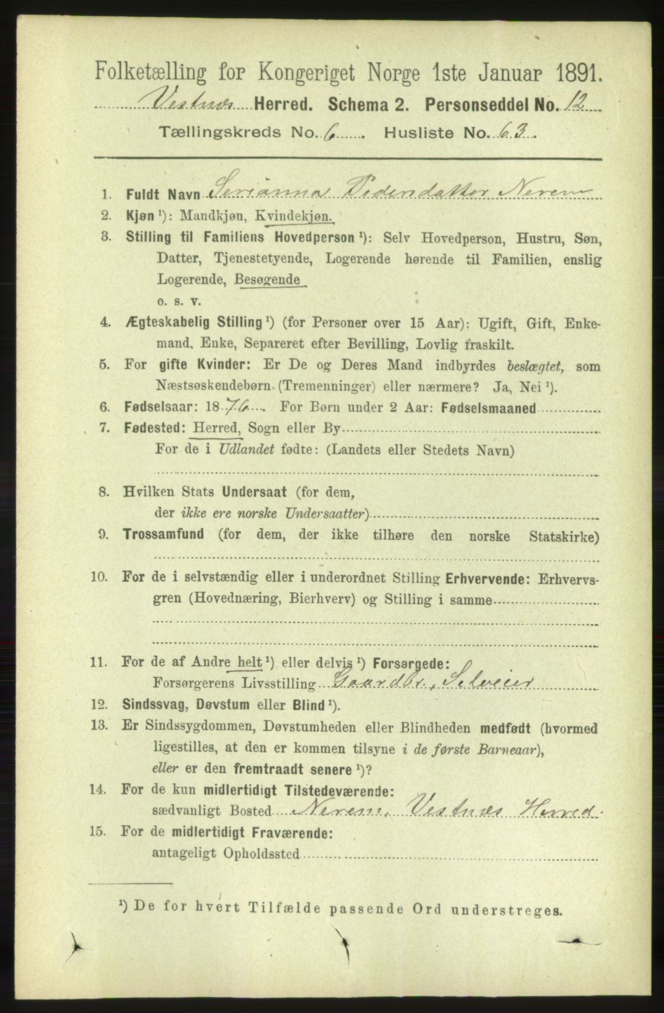RA, 1891 census for 1535 Vestnes, 1891, p. 2570