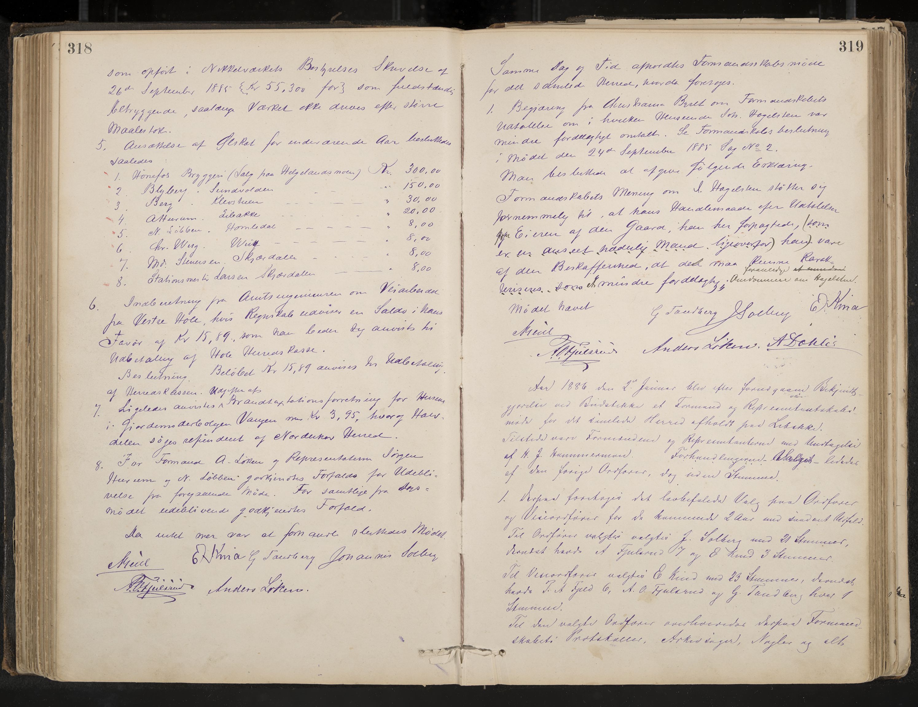 Hole formannskap og sentraladministrasjon, IKAK/0612021-1/A/Aa/L0002: Møtebok med register, 1875-1892, p. 318-319