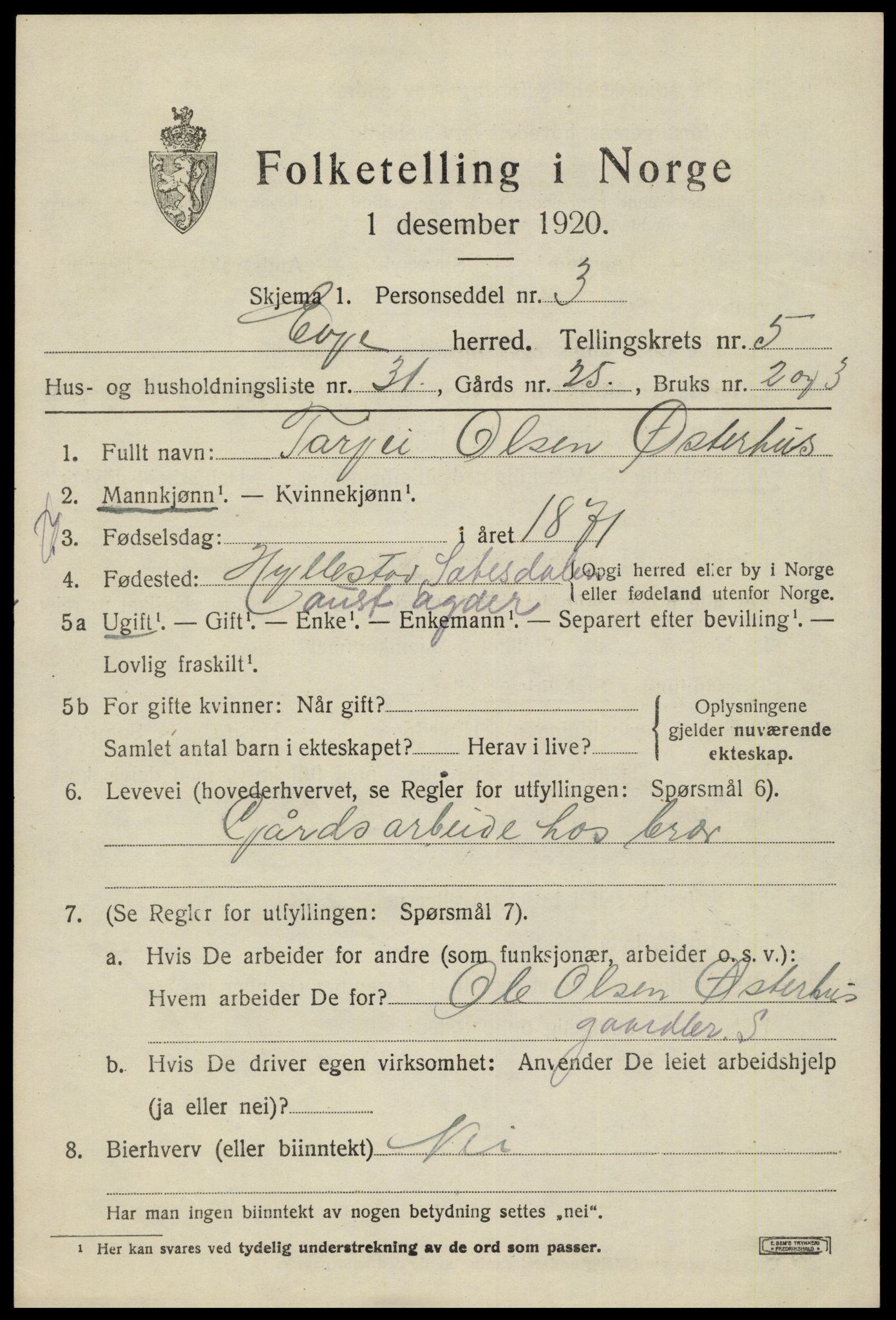 SAK, 1920 census for Evje, 1920, p. 1944