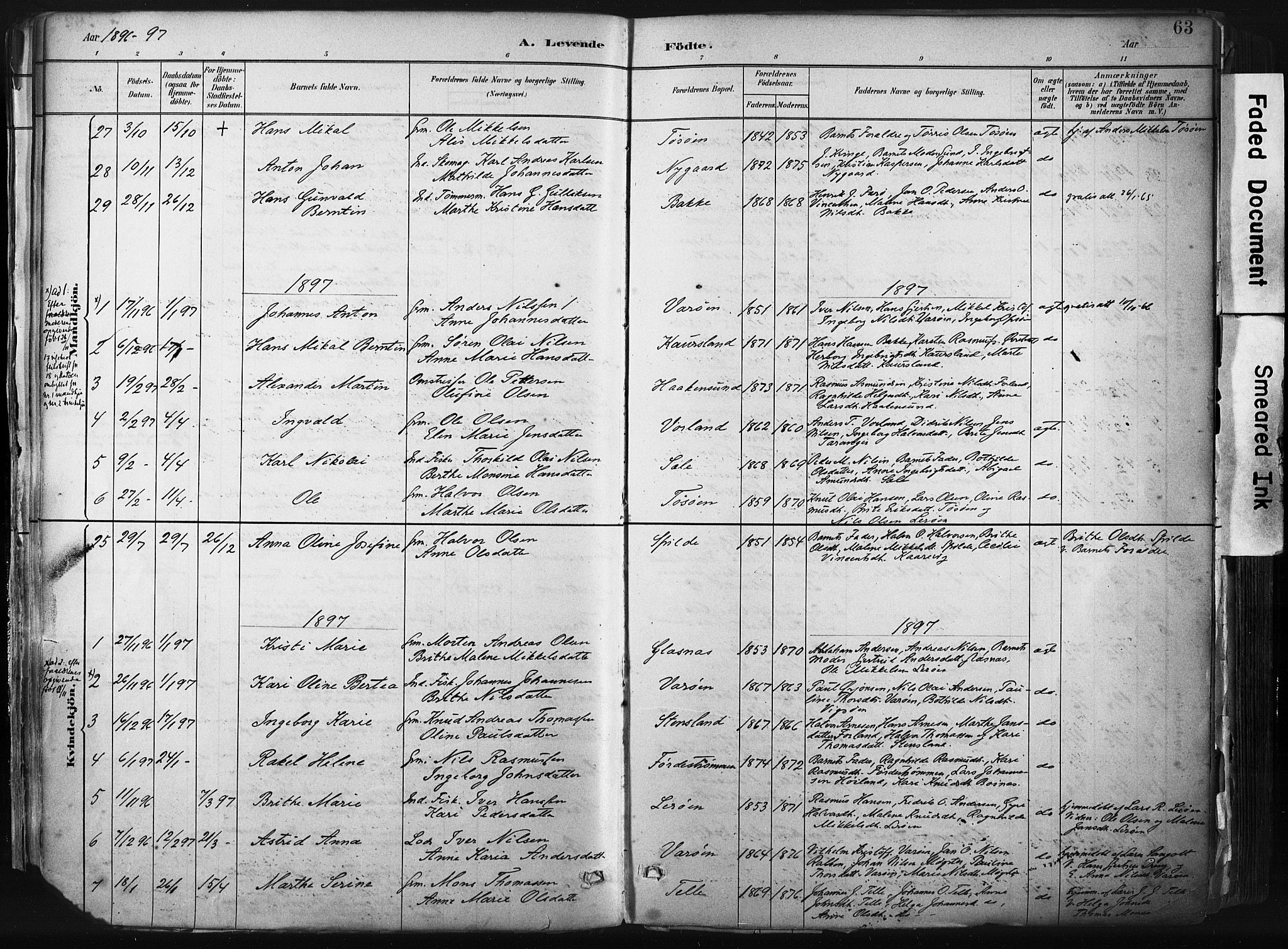 Sund sokneprestembete, AV/SAB-A-99930: Parish register (official) no. B 1, 1882-1907, p. 63