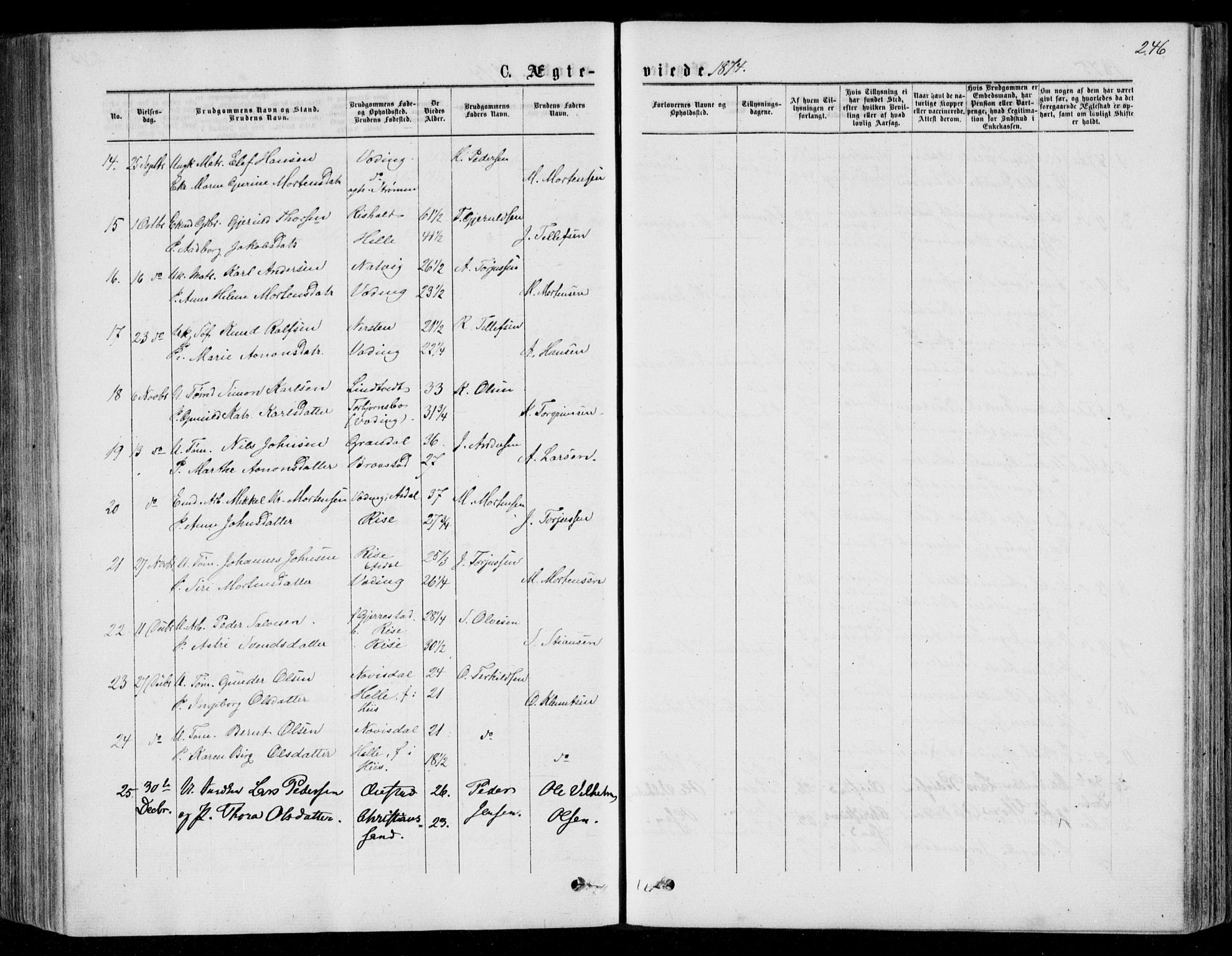 Øyestad sokneprestkontor, AV/SAK-1111-0049/F/Fb/L0008: Parish register (copy) no. B 8, 1872-1886, p. 246